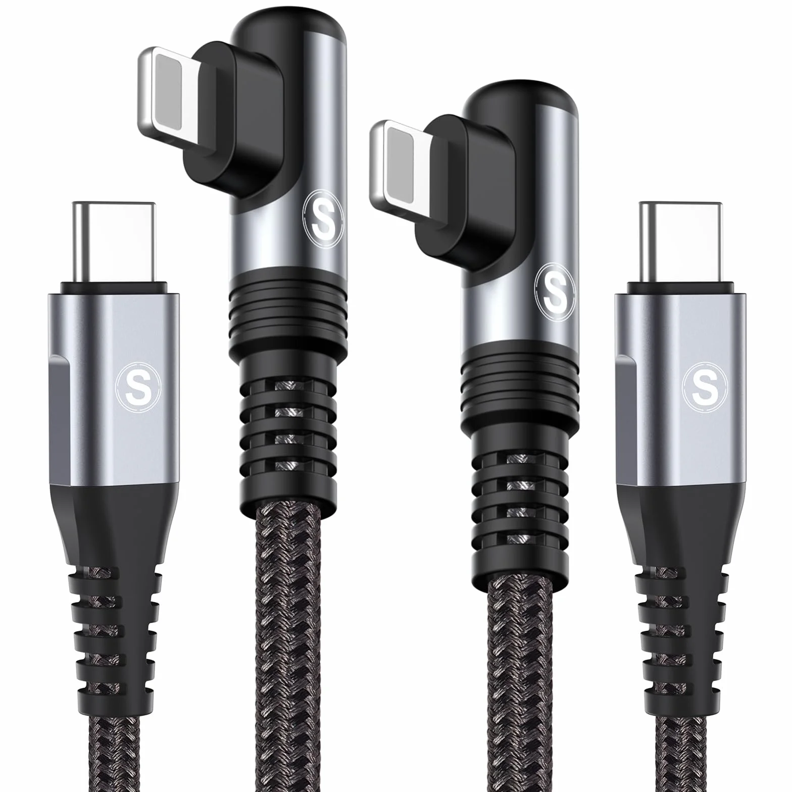 Câble USB C vers iPhone Coudé 90 Degrés 2m Lot de 2 Chargeur Nylon Tressé Charge Rapide pour iPhone 14/13/12/11/Pro/X/XS/XR/8/8 Plus/7/7 Plus/6s/6s Plus/6/6 Plus