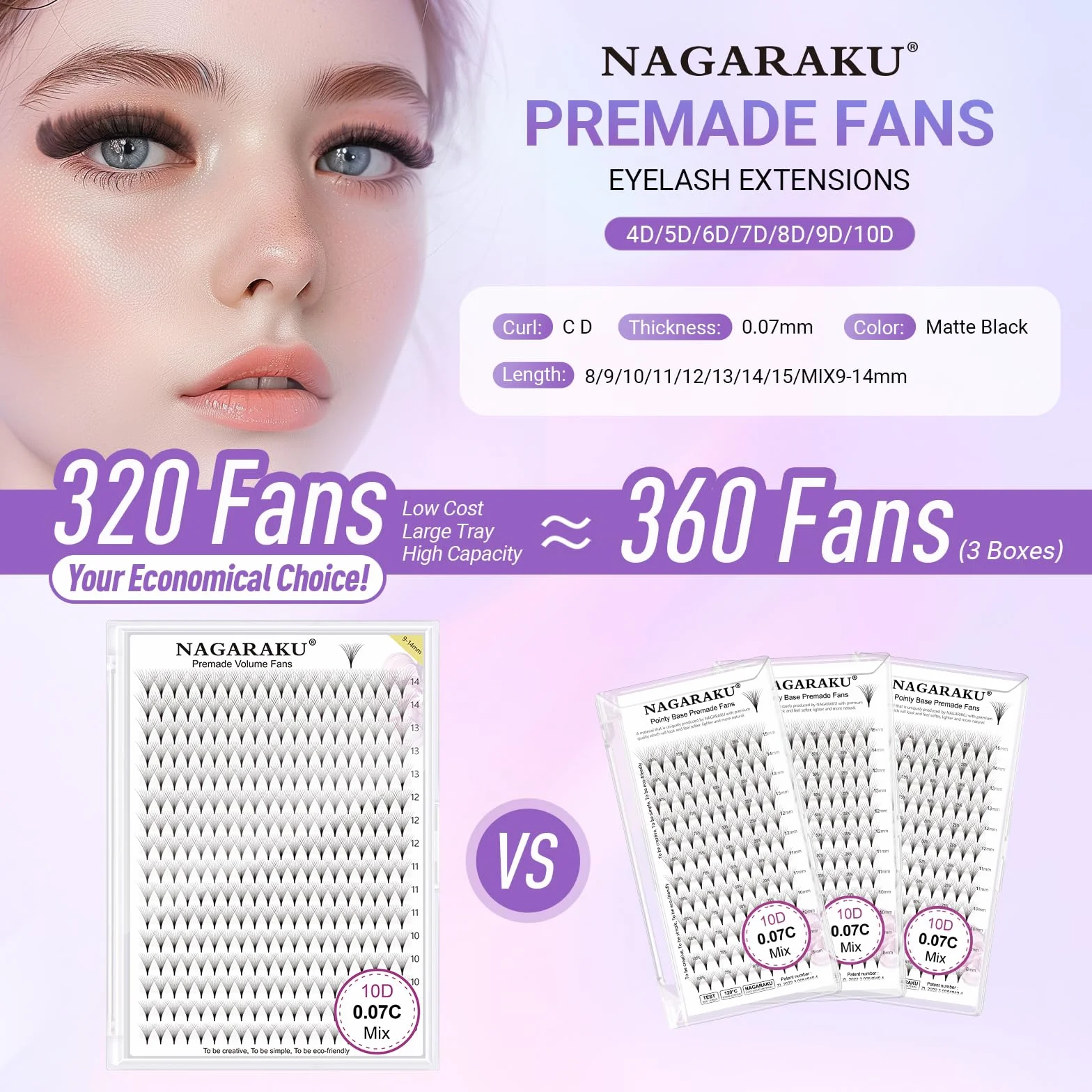 NAGARAKU 10D Extension Cils Prefait Bouquet 320 Fans Volume Russe Longue Tige Éventails Préfabriqués Base Mince Pointue Cils Naturels Moelleux Premade Fans Eyelash Noir 16 Rows Boîte XL 0.07 D 9-14mm