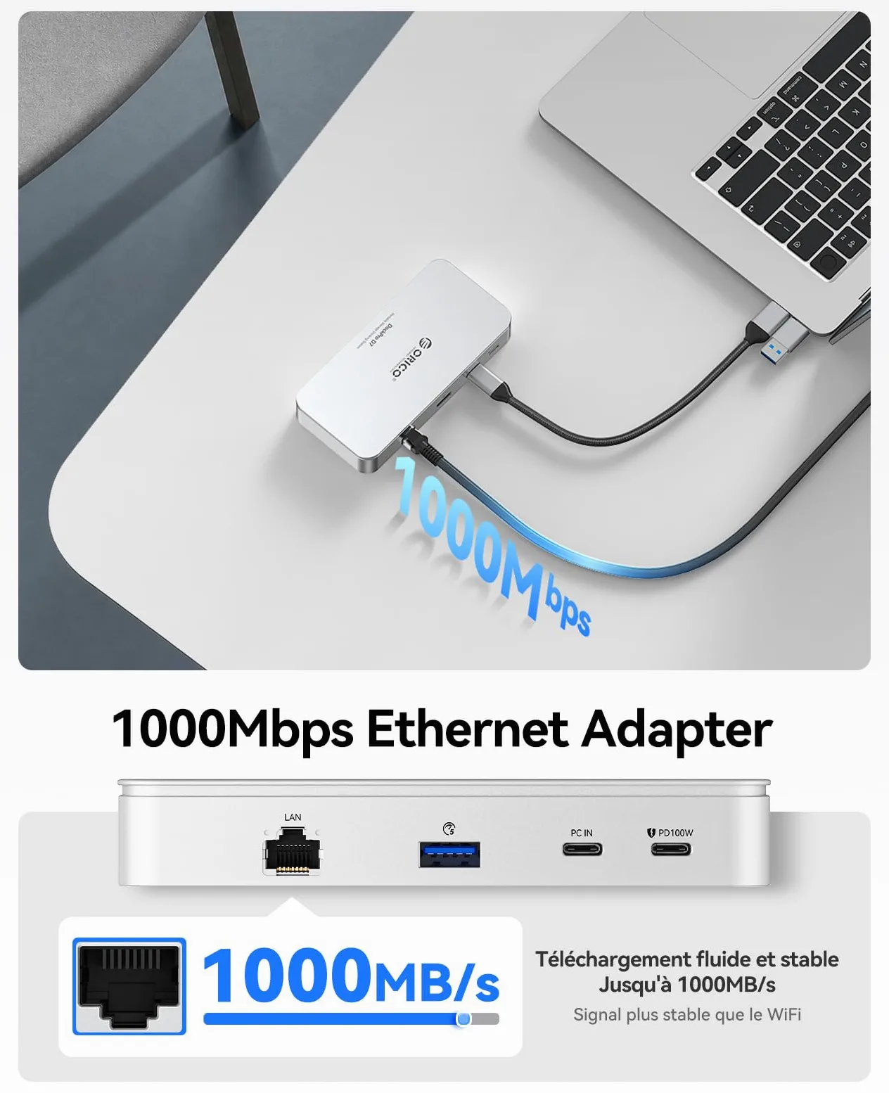 ORICO Hub USB C 7 en 1 avec boîtier SSD M.2 NVMe de 8 to, Station d'accueil avec Ports USB-C et USB-A 10 Gbit/s, 2 Ports USB-A 5 Gbit/s, 3.0 SD/TF, 100 W PD, Gigabit Ethernet, Station d'accueil