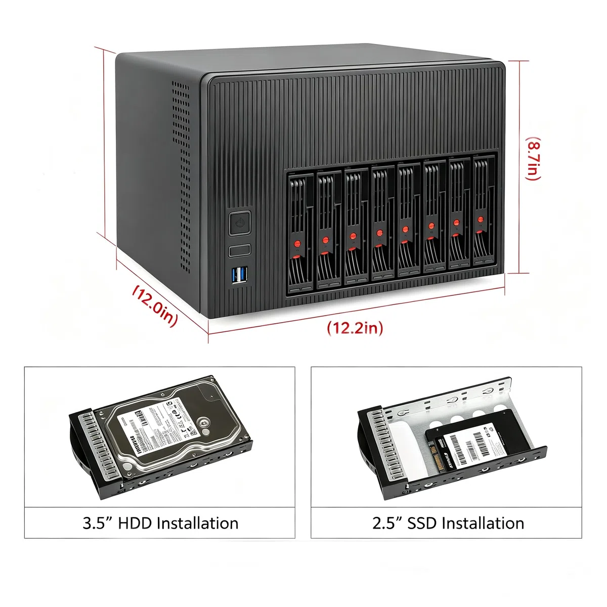 K7 Boîtier NAS 8 baies compatible avec les boîtiers d'ordinateur, carte mère Micro-ATX Mini-ITX, 3 ventilateurs, plateau de 8 x 2,5/3,5", serveur de stockage réseau pour la maison (sans disque