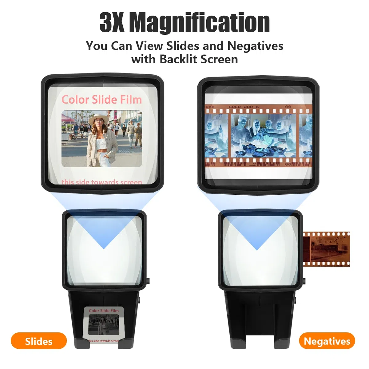 SV-3 Visionneuse de diapositives et de films 35 mm avec grossissement x3 et affichage éclairé par LED pour diapositives de 35 mm et négatifs de film, alimentation USB ou batterie (câble USB