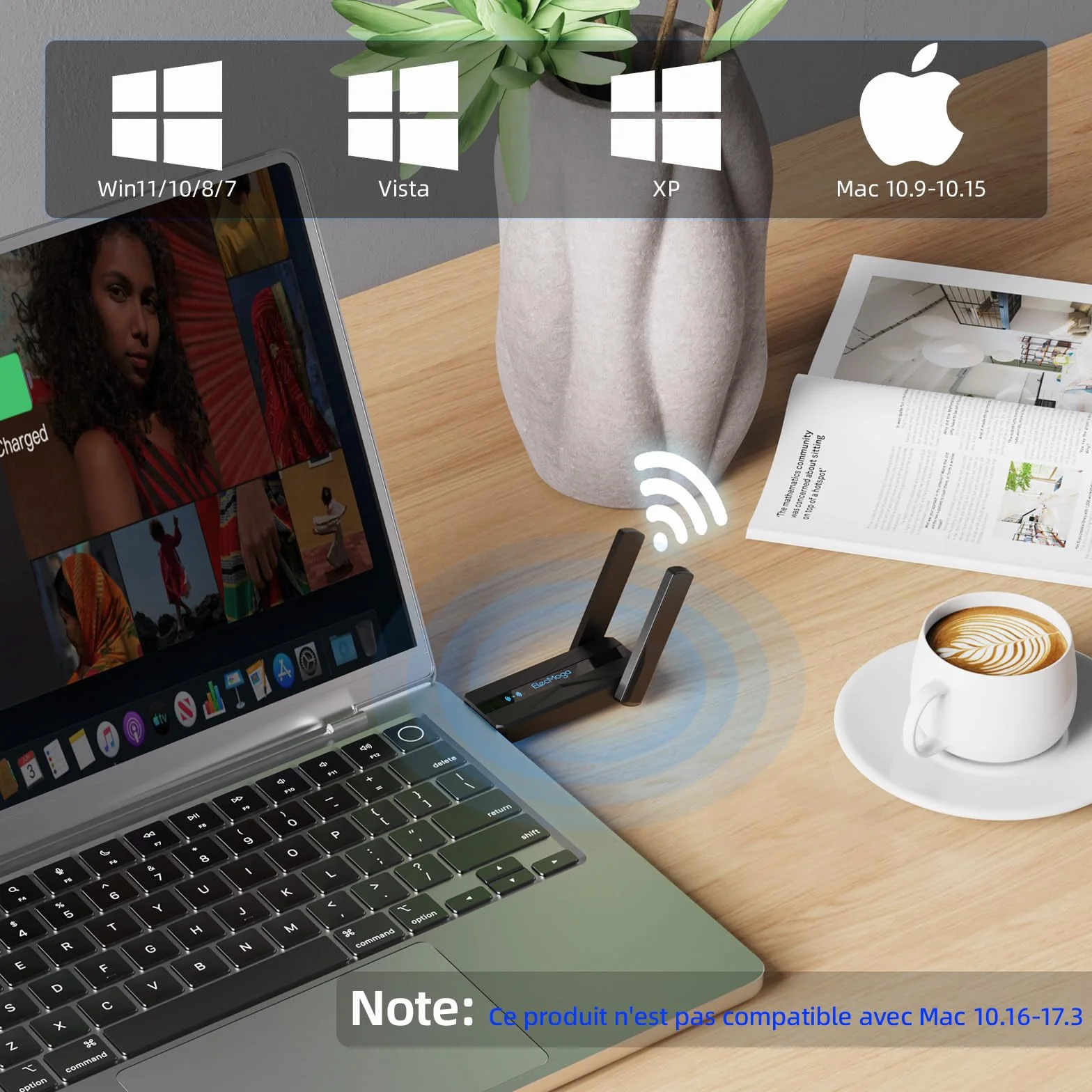 ElecMoga Adaptateur WiFi USB 3.0 AC1300 Mbps Double Bande 2.4GHz/5GHz 5dBi pour PC Windows Mac