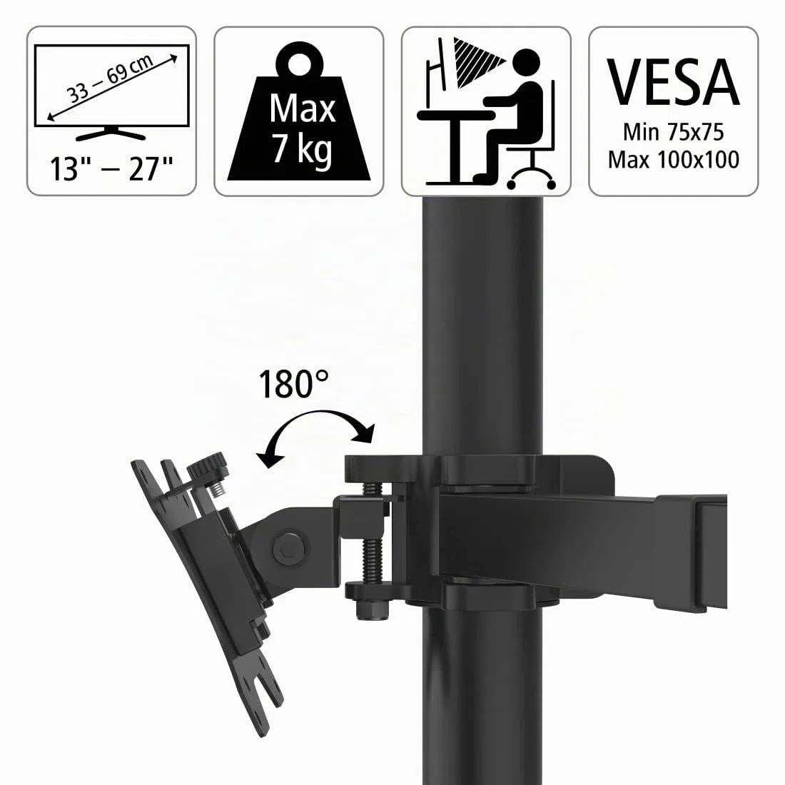 Hama Support Ecran PC 3 écrans Garantie 5 Ans (Bras pour 3 Moniteurs TFT/LCD/LED de 33 à 69 cm (13" - 27"), Hauteur Réglable, Pivotable, Inclinable, Système Easy Fix) Noir