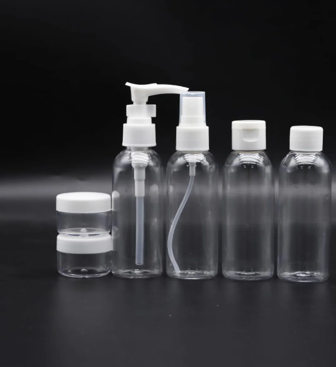 Trousse de Toilette Transparente Kit Voyage Avion 100ml Flacons Rechargeables Silicone Anti-Fuite