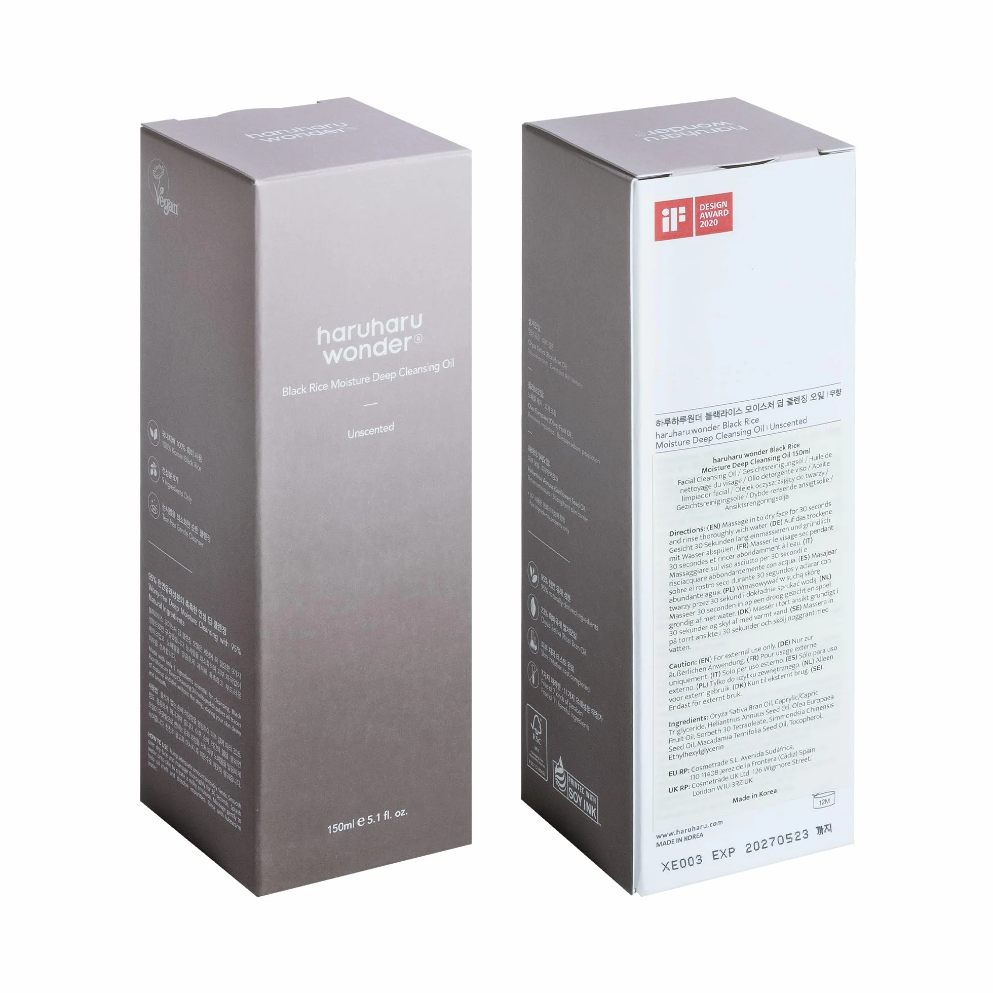 Haruharu Wonder Black Rice Moisture Huile nettoyante en profondeur visage coréen végétalien sans cruauté animale