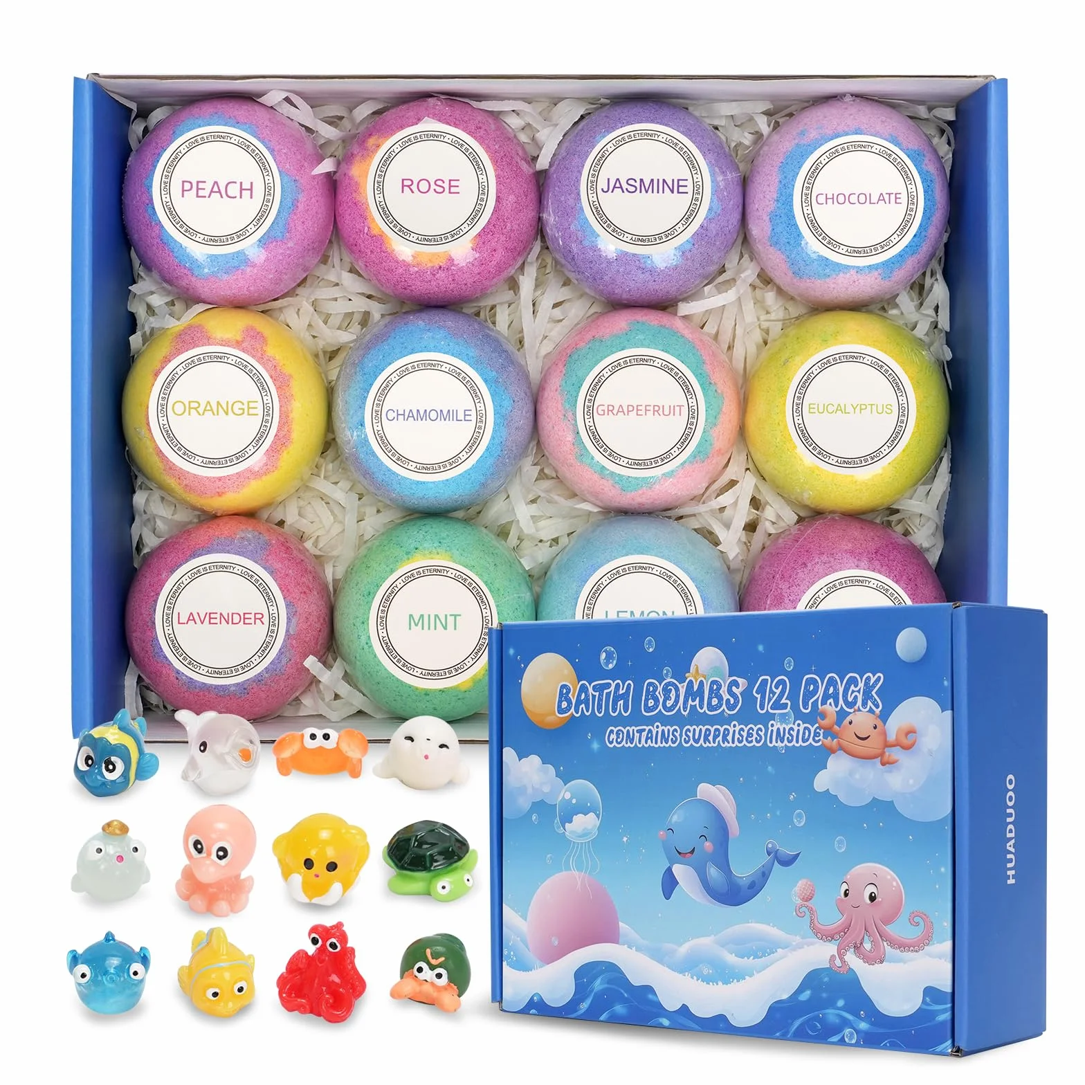 Coffret cadeau de 12 bombes de bain naturelles et biologiques faites à la main pour enfants avec jouet surprise animal marin