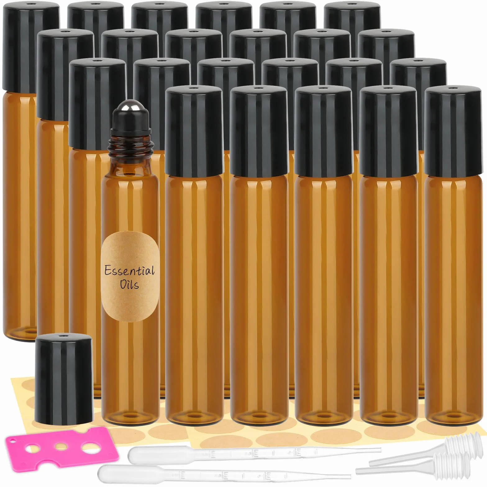 Lot de 24 bouteilles en verre roll on pour huile essentielle, acier inoxydable, marron, avec décapsuleur et étiquettes