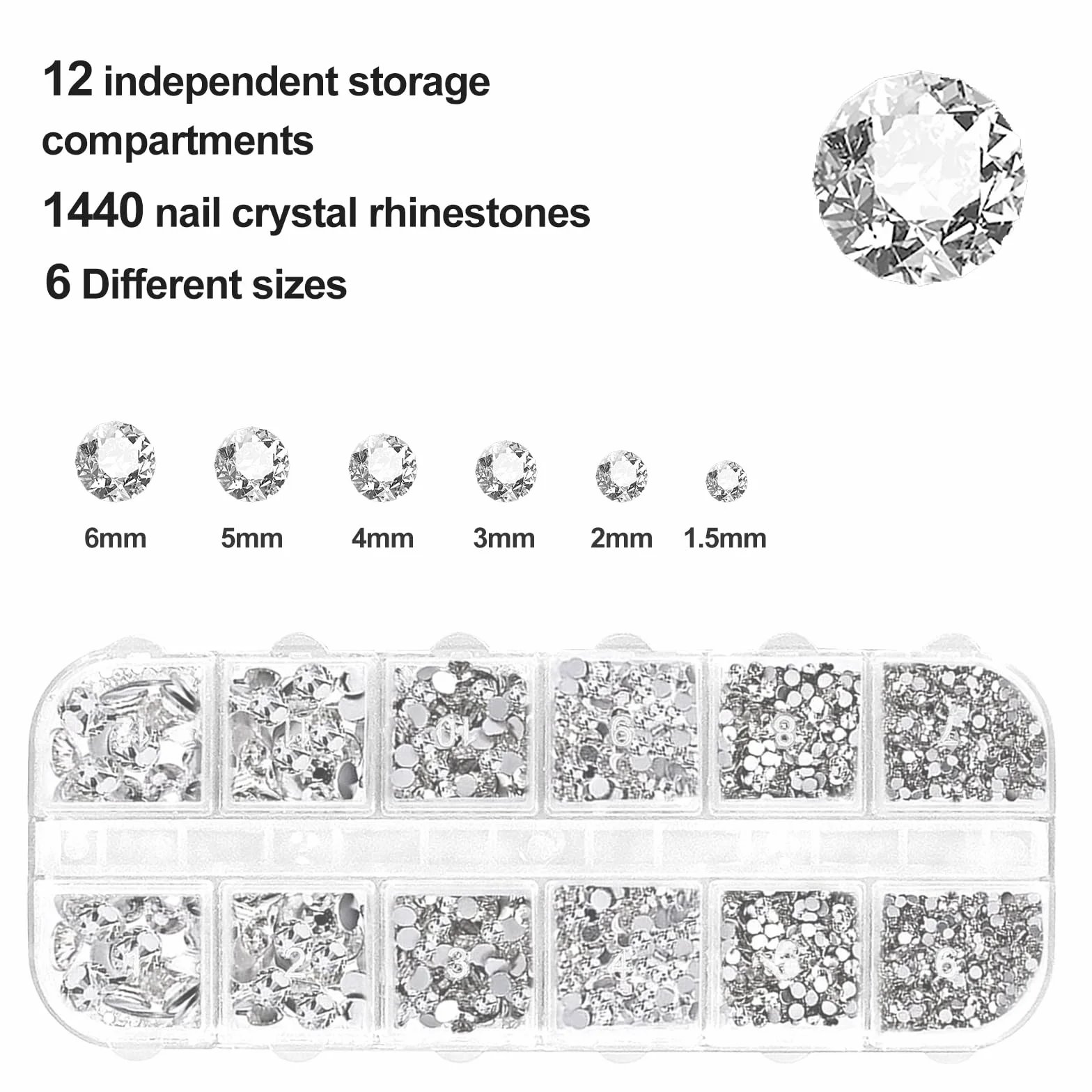 1440 Pièces Strass Ongle Nail Art, 6 Tailles Gems à Dos Plat Rond Cristal, avec Pince et Stylo