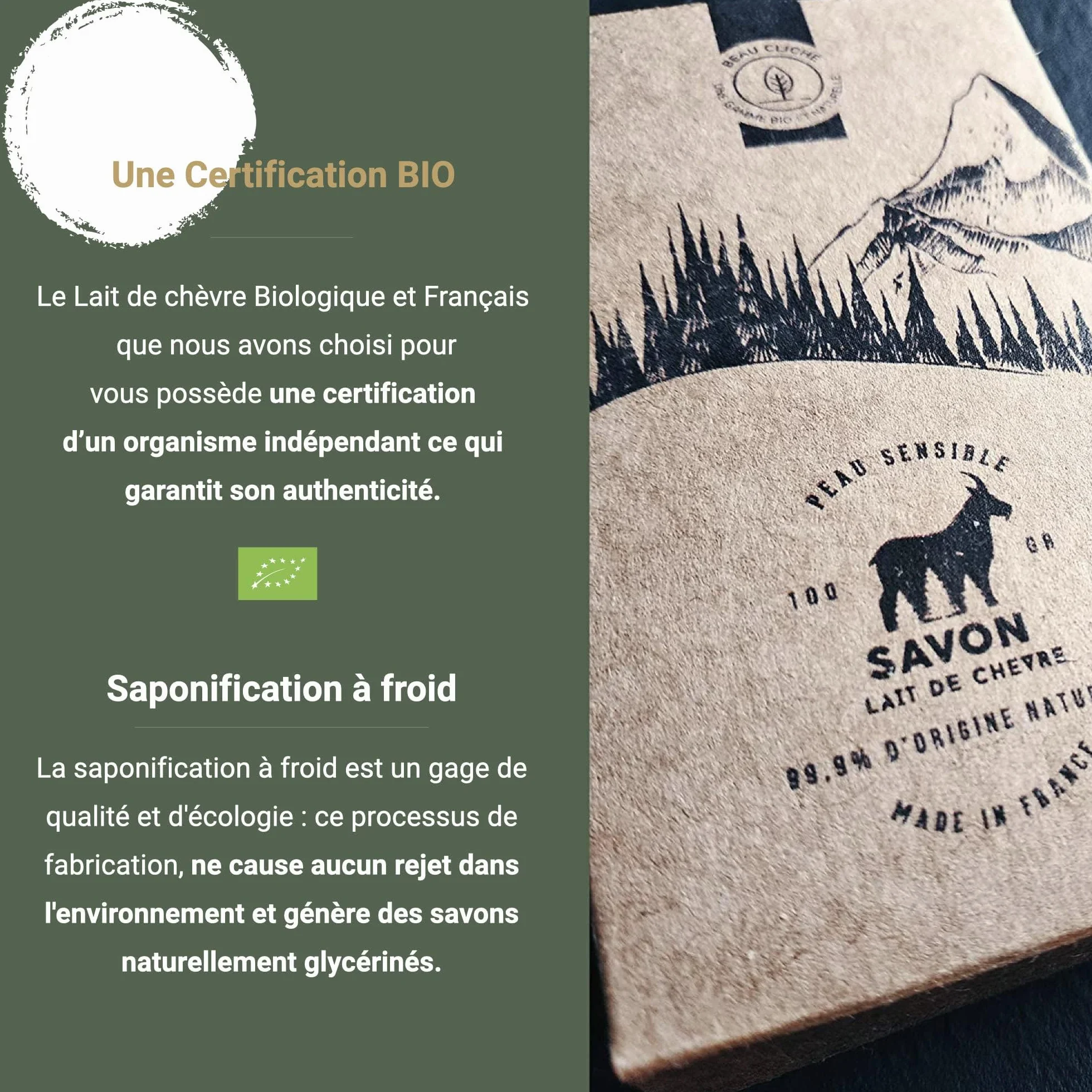 Savon au lait de chèvre frais Bio Fabrication Française Peaux sensibles Lot de 2 (2x100g)