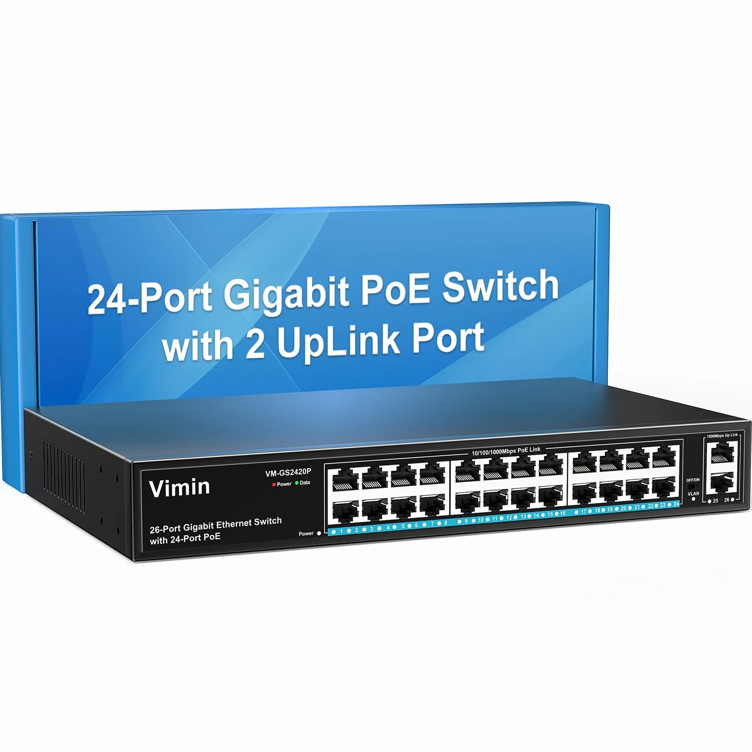 VIMIN Commutateur PoE Gigabit 24 Ports avec 2 Ports Montants Gigabit, Commutateur Ethernet PoE Non Géré 26 Ports avec Une Puissance de 320W, Prise en Charge de IEEE802.3af/at, VLAN, Boîtier en Métal