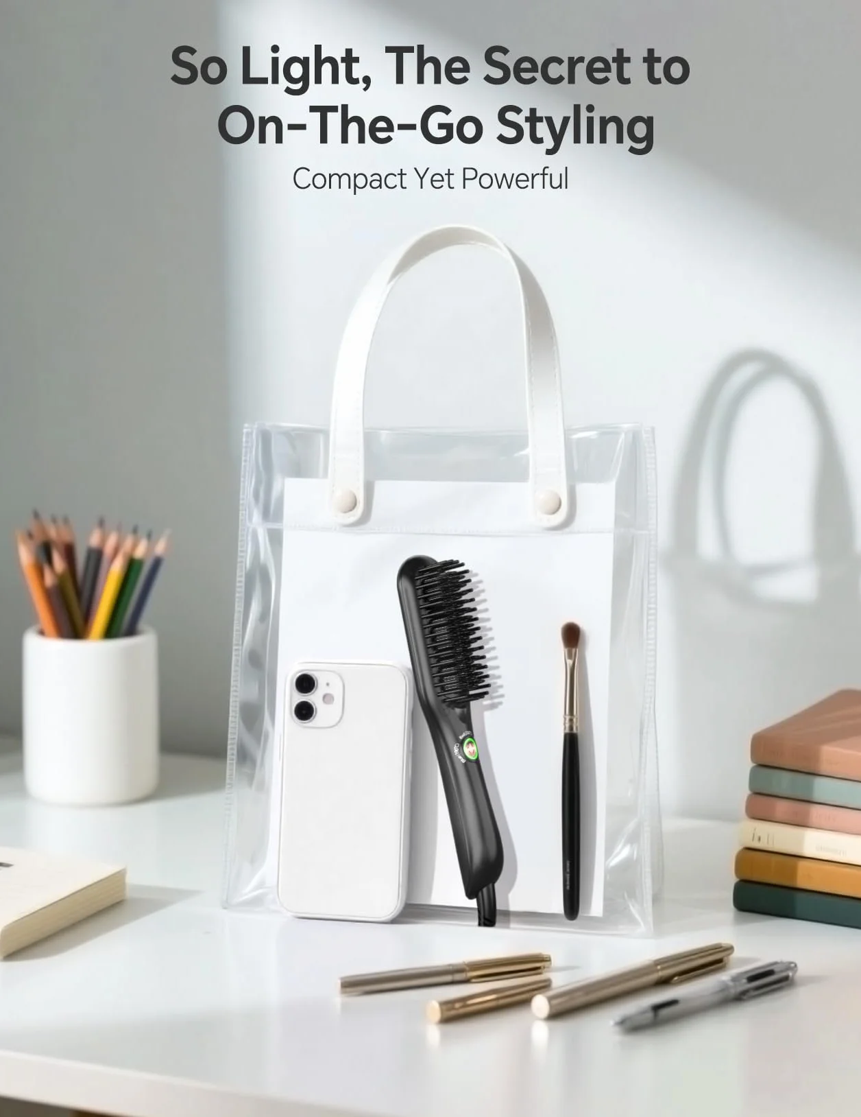 LANDOT Mini Brosse Lissante Filaire Cheveux Courts à Mi-Longs Céramique Ionique 3 Températures 160°C-220°C Anti-Frisottis Noir