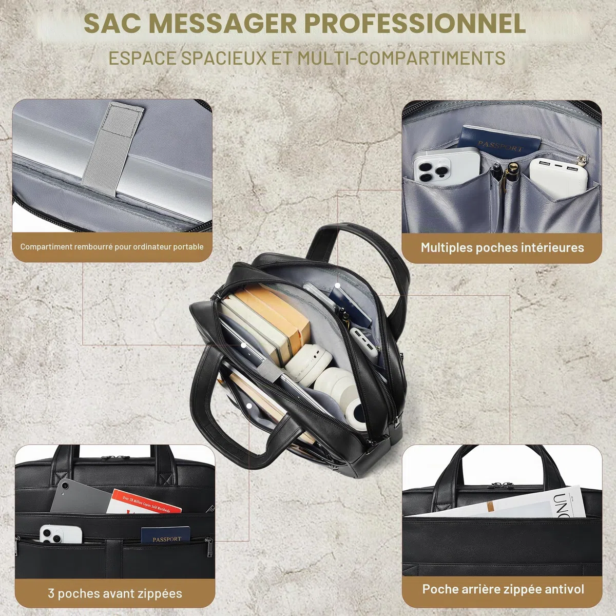 Shrrie Sac à messager en cuir pour homme et femme, sac pour ordinateur portable de 16 pouces, mallette rétro en cuir résistant à l'eau pour homme d'affaires travail