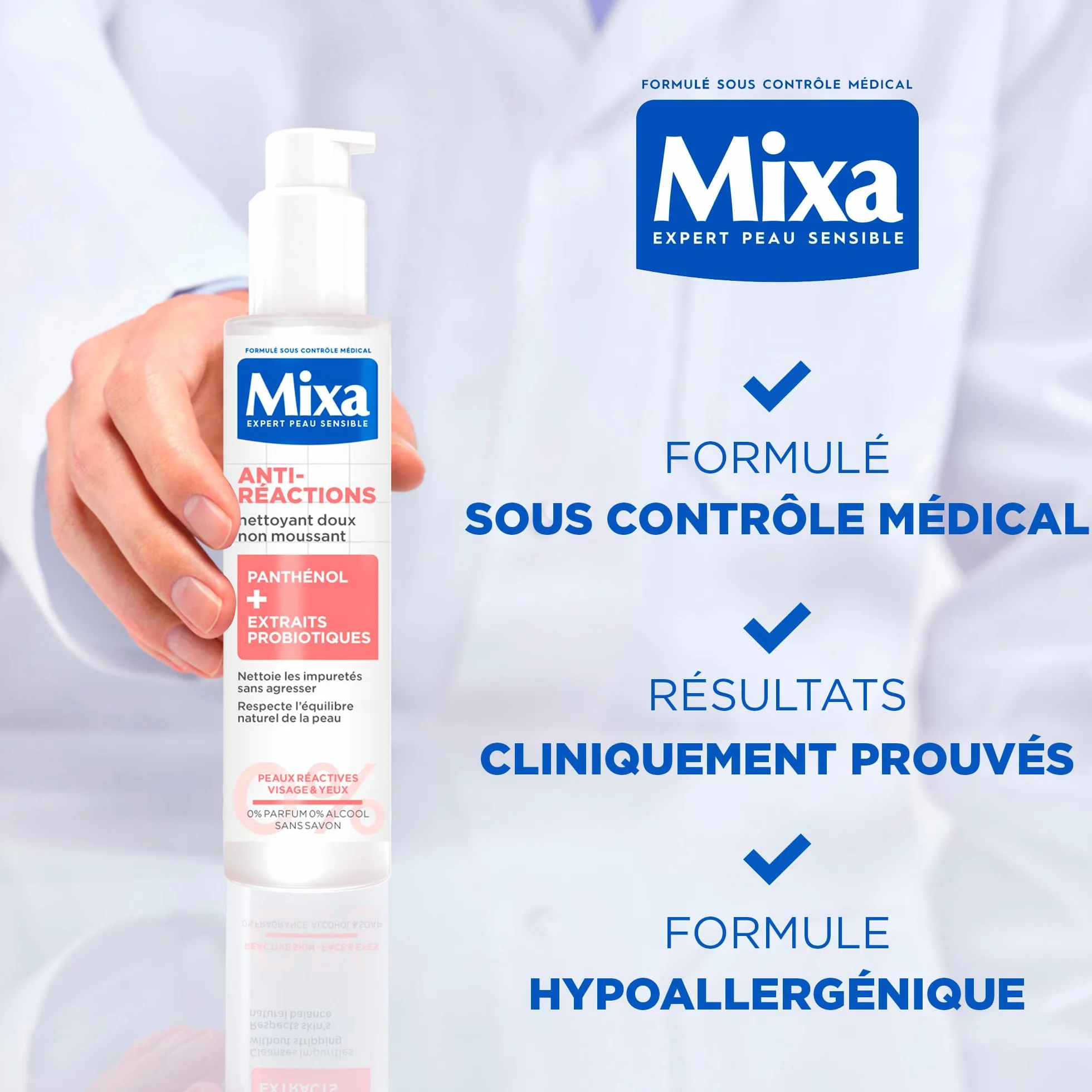 MIXA Nettoyant Visage Anti-Réactions 150 ml Panthénol Extraits Probiotiques Sans Parfum Sans Savon