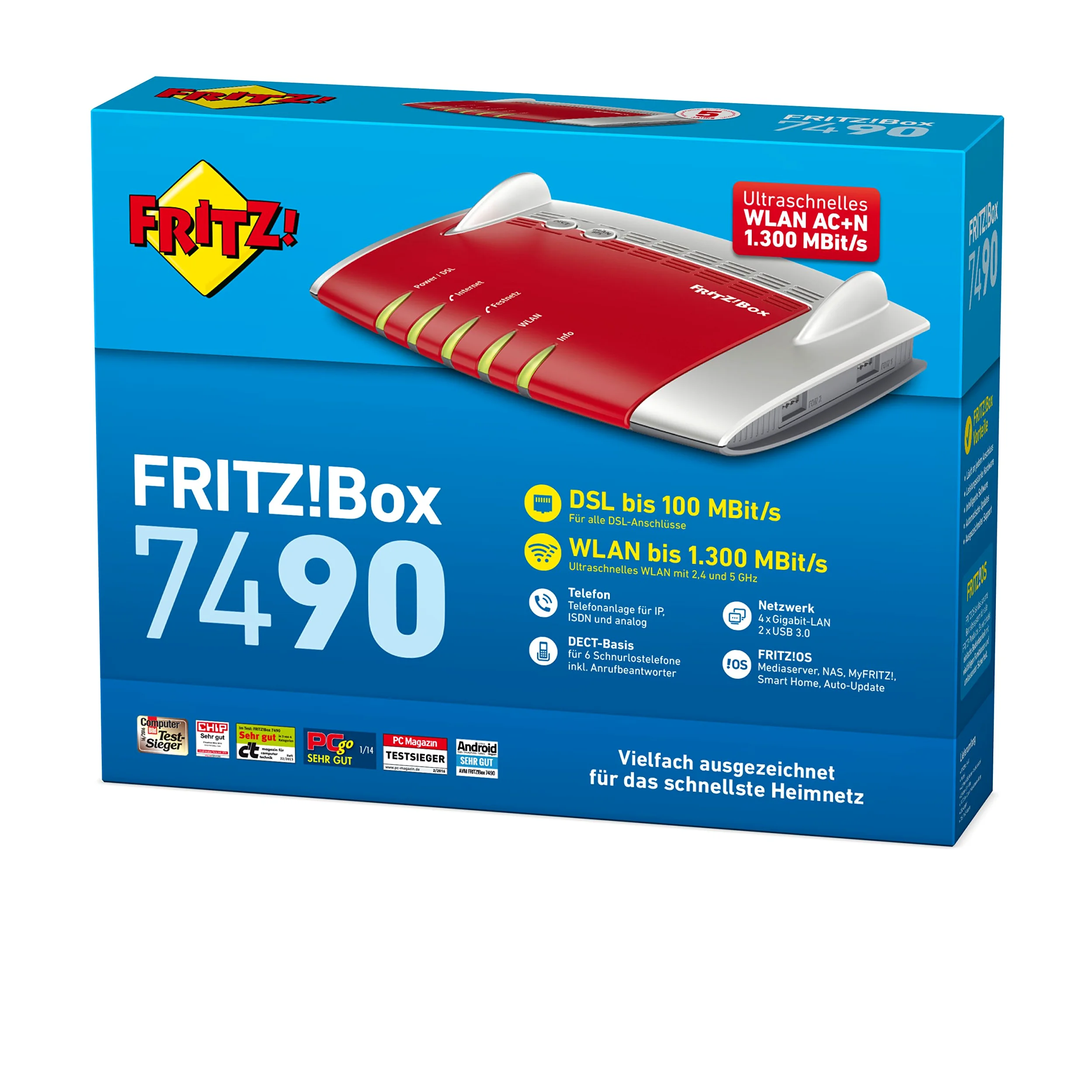 AVM FRITZ!Box 7490 Routeur Wi-FI AC + N (VDSL/ADSL, 1 300 Mbit/s (5 GHz), 450 Mbit/s (2,4 GHz), Base DECT, Serveur multimédia) (reconditionné)