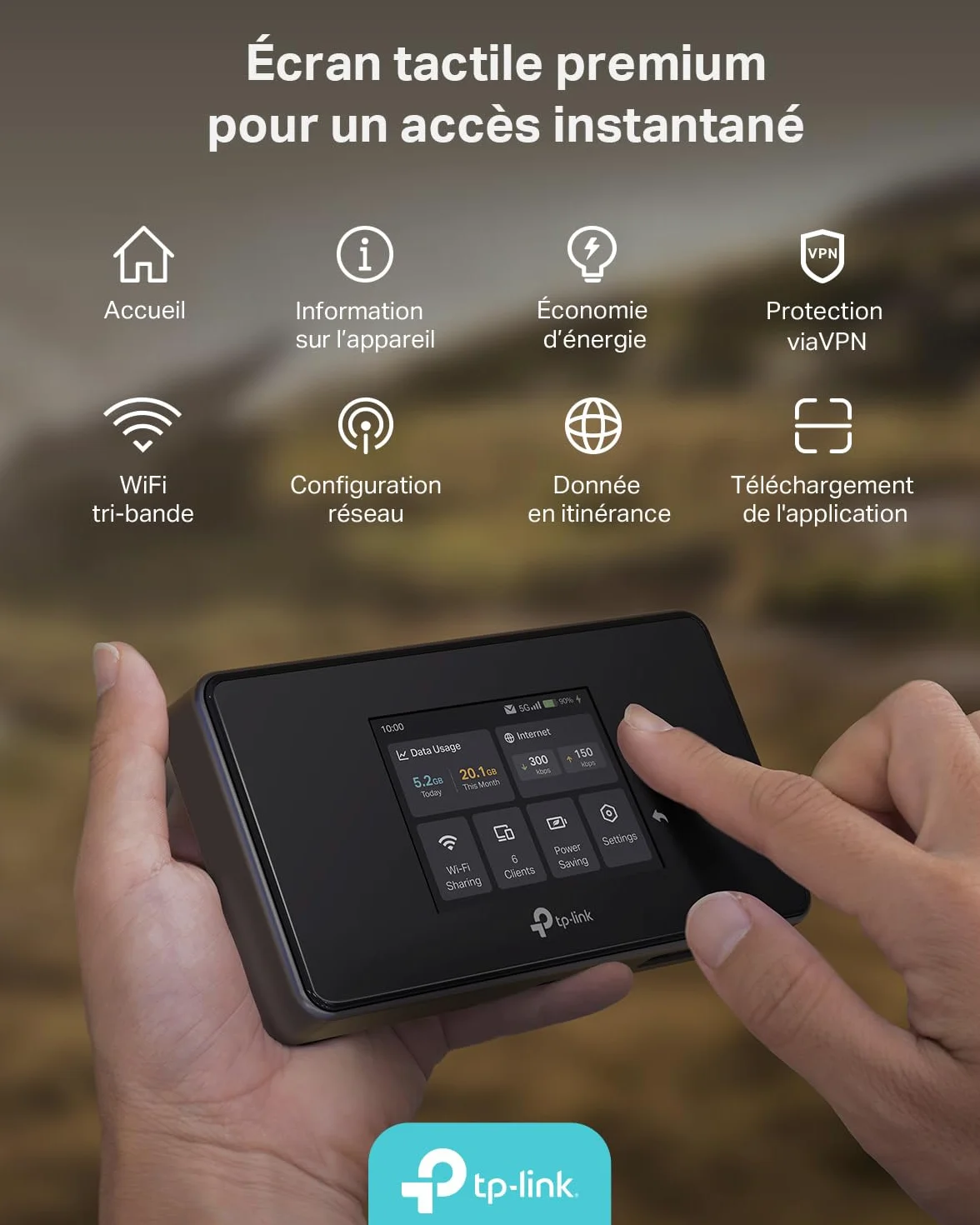 TP-Link M8550 Routeur Mobile 5G Tri-Band, WiFi 6E AXE3600, Jusqu’à 3.4 Gbps, 32 Appareils, Batterie 4680 mAh, Antenna Ports, Écran Tactile, déverrouillé Toutes Les Nano SIM, USB-C, 1 WAN/LAN Gigabit