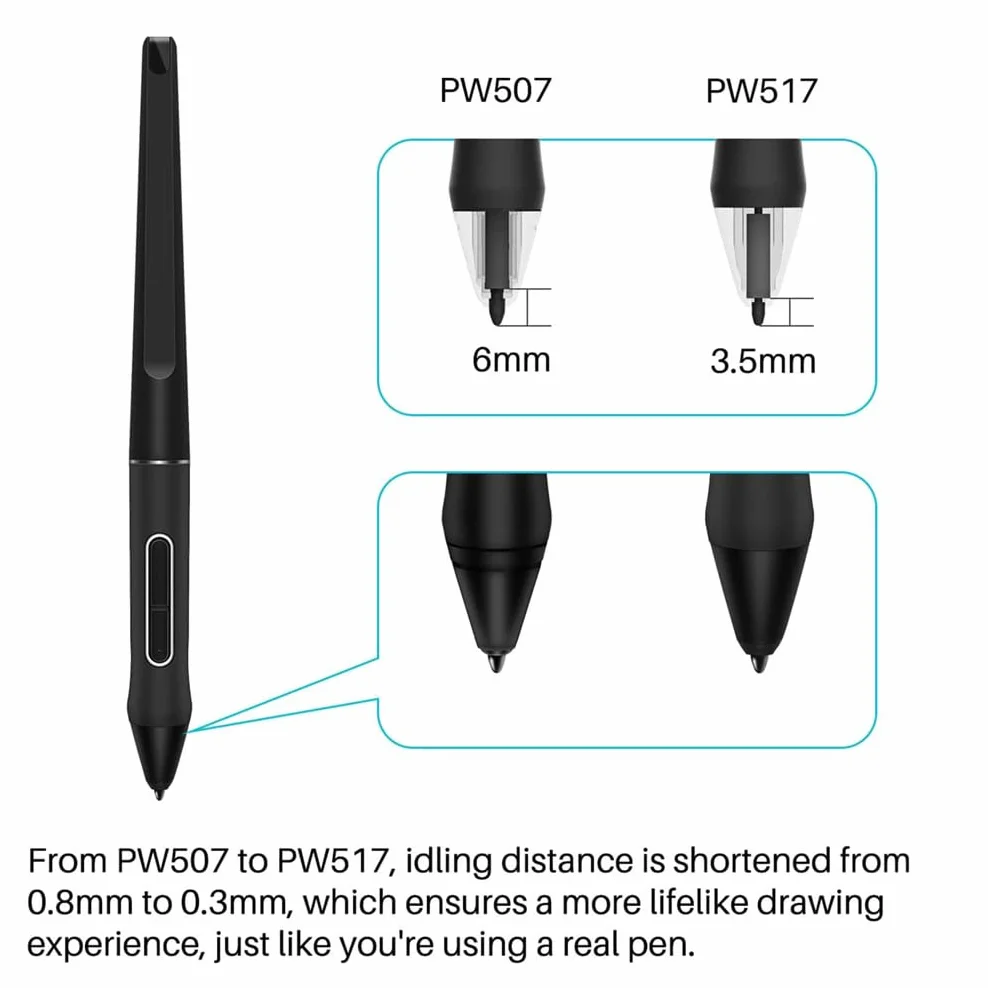 Stylo Plume Huion PW517 compatible Kamvas 13, Pro 24, 22, 22 Plus - 8192 Niveaux de Pression Sans Batterie