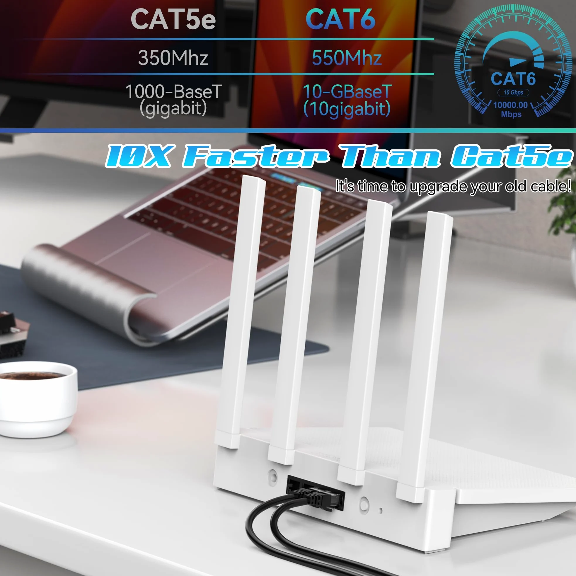 Câble Ethernet Cat6 de 60 m, câble de raccordement Cat6, câble réseau UTP, intérieur et extérieur, PoE, 24 AWG CCA, compatible avec PC, ordinateur portable, routeur, commutateur, serveur, avec 25
