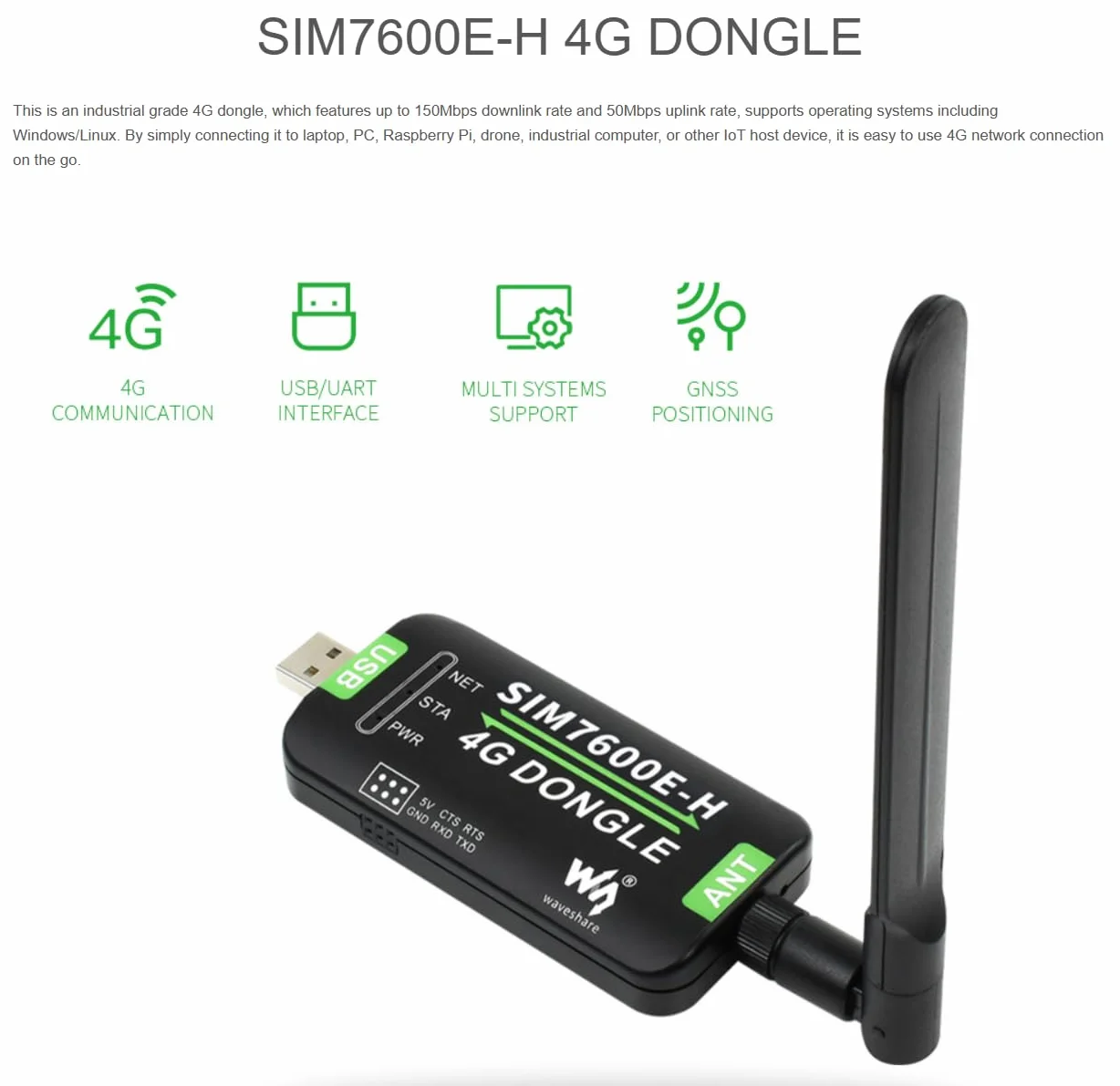 DONGLE SIM7600E-H 4G Compatible avec Raspberry Pi avec antenne de qualité industrielle 4G Communication et périphérique de positionnement GNSS