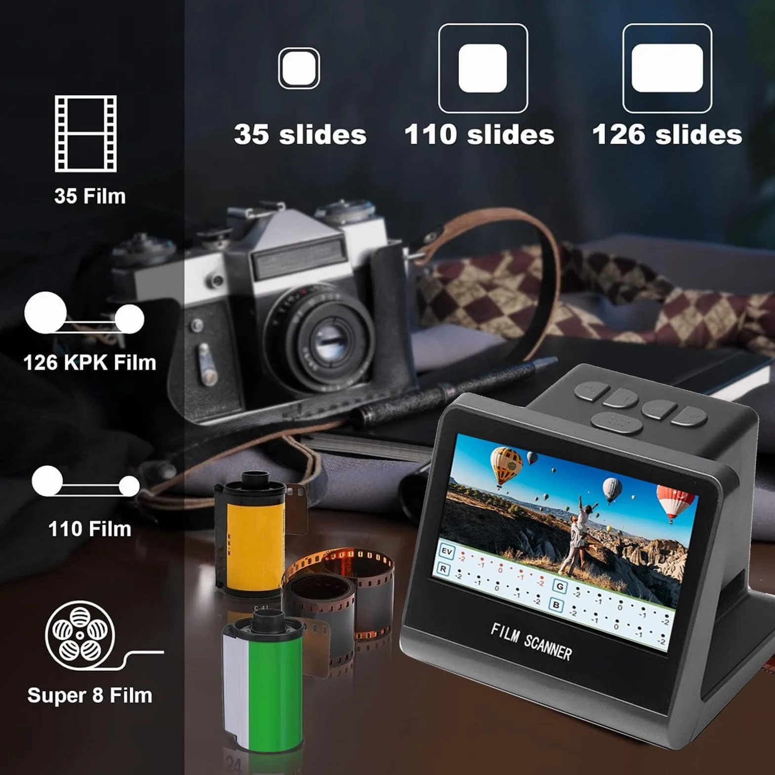 Topiky Scanner de Films, Film Numérique 22MP et Scanner de Diapositives avec écran LCD 5 Pouces et Mémoire de 16 Go, Convertir 35 Mm 126 110 135 50 Mm Super 8 Slides Négatives en JPEG