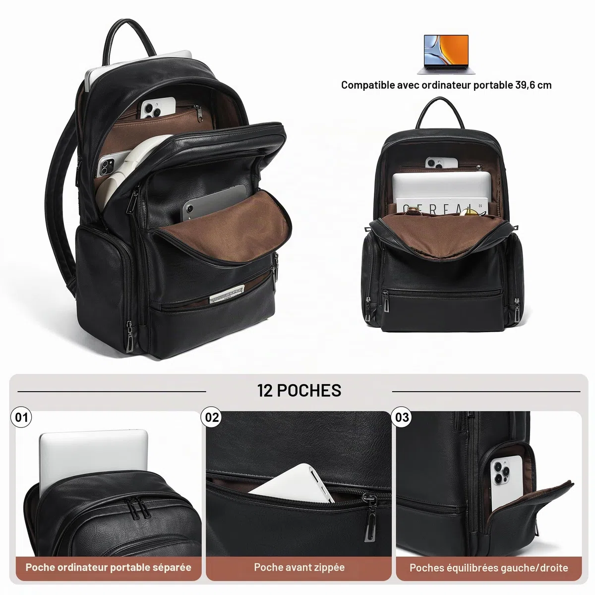 Sac à dos en cuir pour femme, sac à dos pour ordinateur portable de 15,6", sac à dos élégant, sac à dos pour le travail, les voyages, l'université