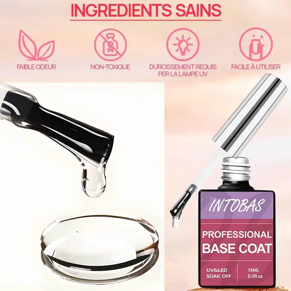 INTOBAS Base et Top Coat Vernis Semi Permanent 2x15ML Kit UV LED Gel Manucure Longue Durée Nail Art