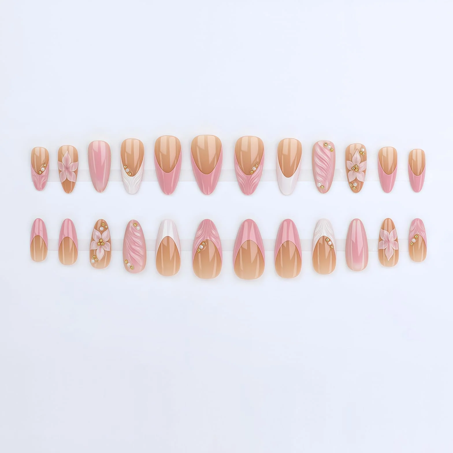 Set manucure 24 pièces ongles pressés French tip rose perles dorées paillettes fleurs 3D gel faux ongles réutilisables
