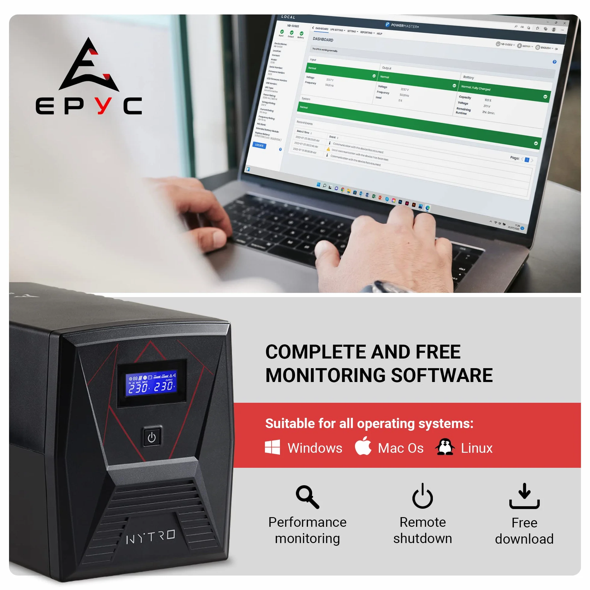 EPYC NYTRO Onduleur Sinusoïdal Pur 1500VA/900Watt UPS PC Jeu Mac Consoles 5 Prises Schuko IEC Écran LCD Line Interactive