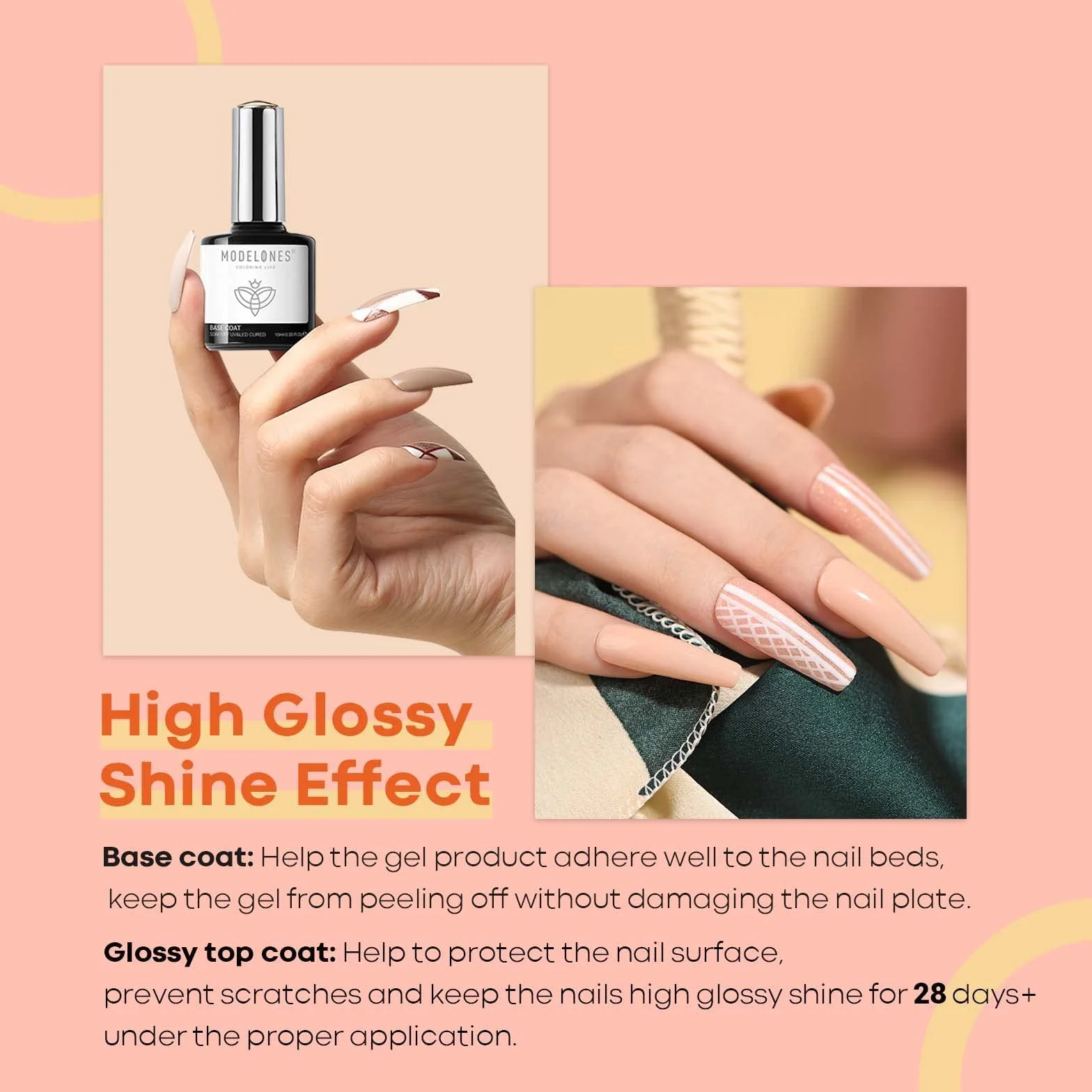Modelones Base et Top Coat Vernis Semi Permanent No Wipe avec Primer Ongle Gel Nail Prep Kit Manucure UV Complet 10ML