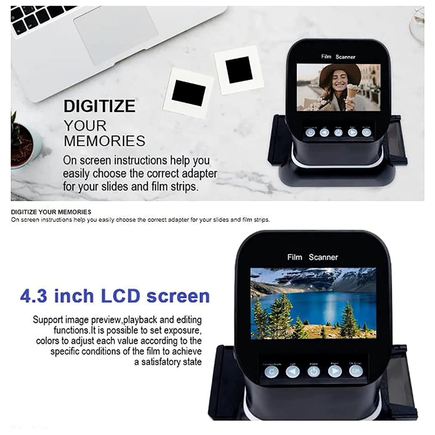Scanner de film et de diapositive, écran LCD de 4,3", 22 MP, prend en charge les films 35 mm, 135, 127, 126, couleur, noir et blanc, négatif, positif