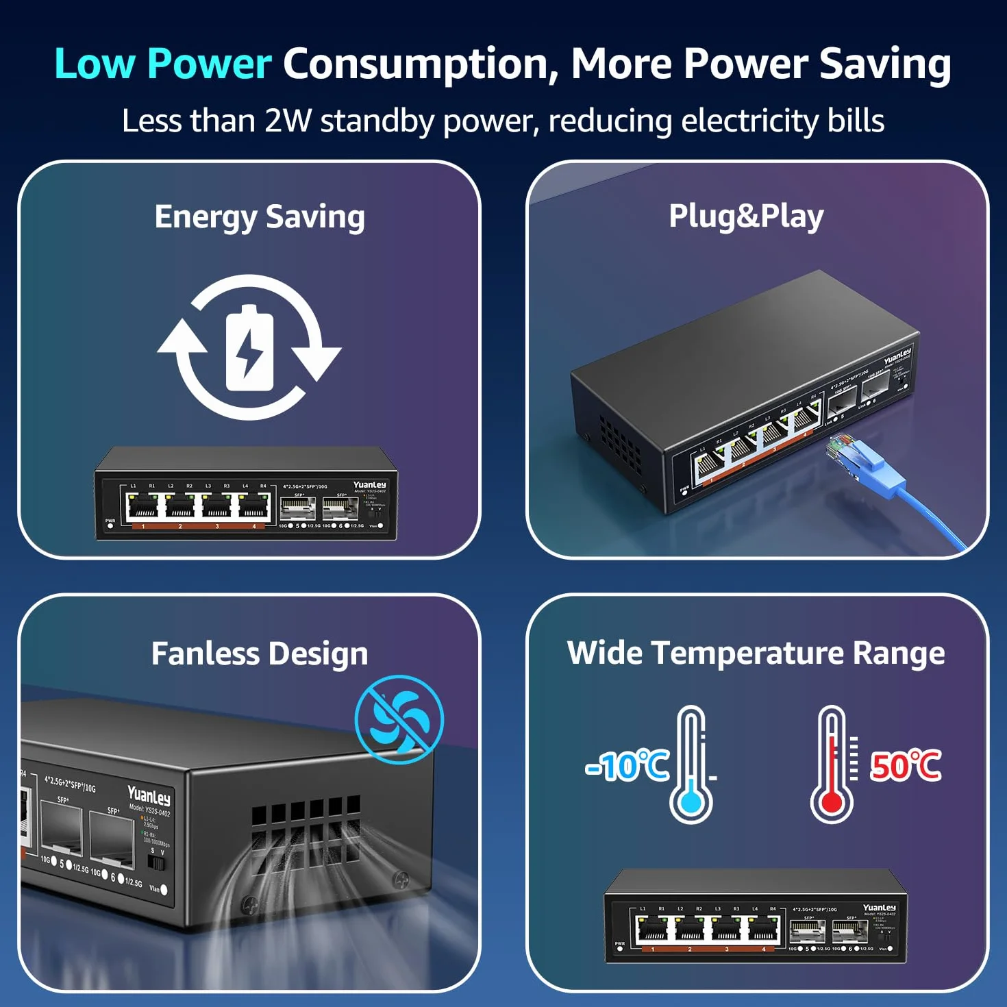 Commutateur Réseau YuanLey 6 Ports 2.5G Ethernet Non géré Métal sans Ventilateur 4 x 2.5G Base-T 2 x 10G SFP Montage Mural