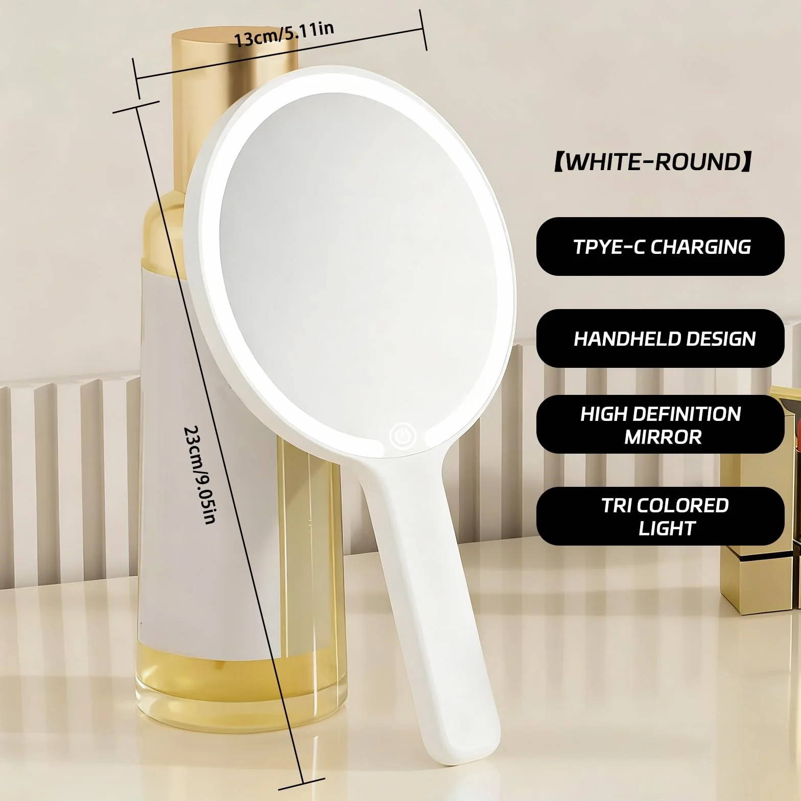 Miroir à Main avec Poignée Lumineux Portable, 3 Couleurs Claires, Interrupteur Tactile, Rond