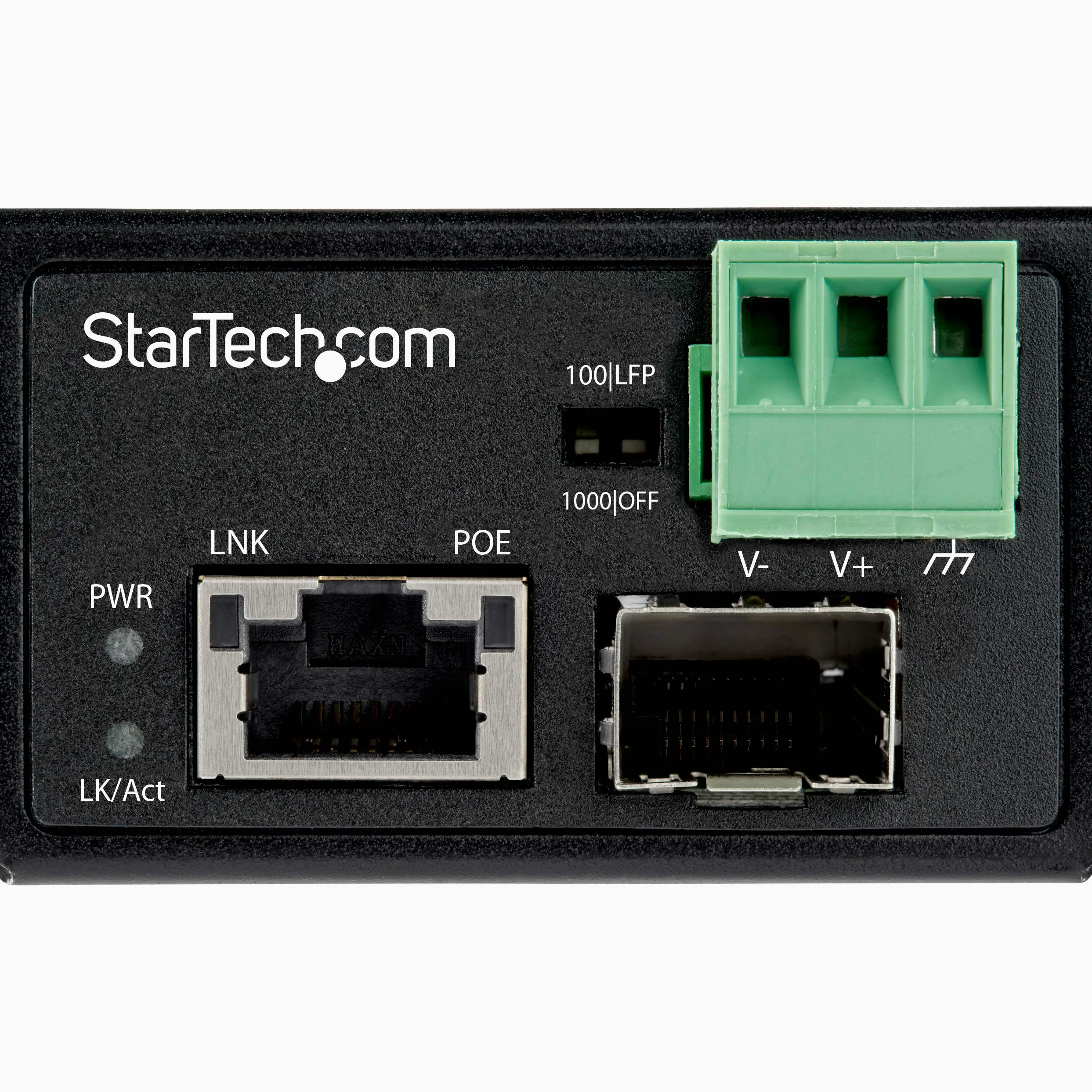 StarTech Convertisseur Fibre RJ45 PoE+ Industriel 30W, SFP (IMC1GSFP30W) | Gigabit, Monomode ou multimode, IEEE 802.3af/at, IP-30, -40 à +75C, Rail DIN