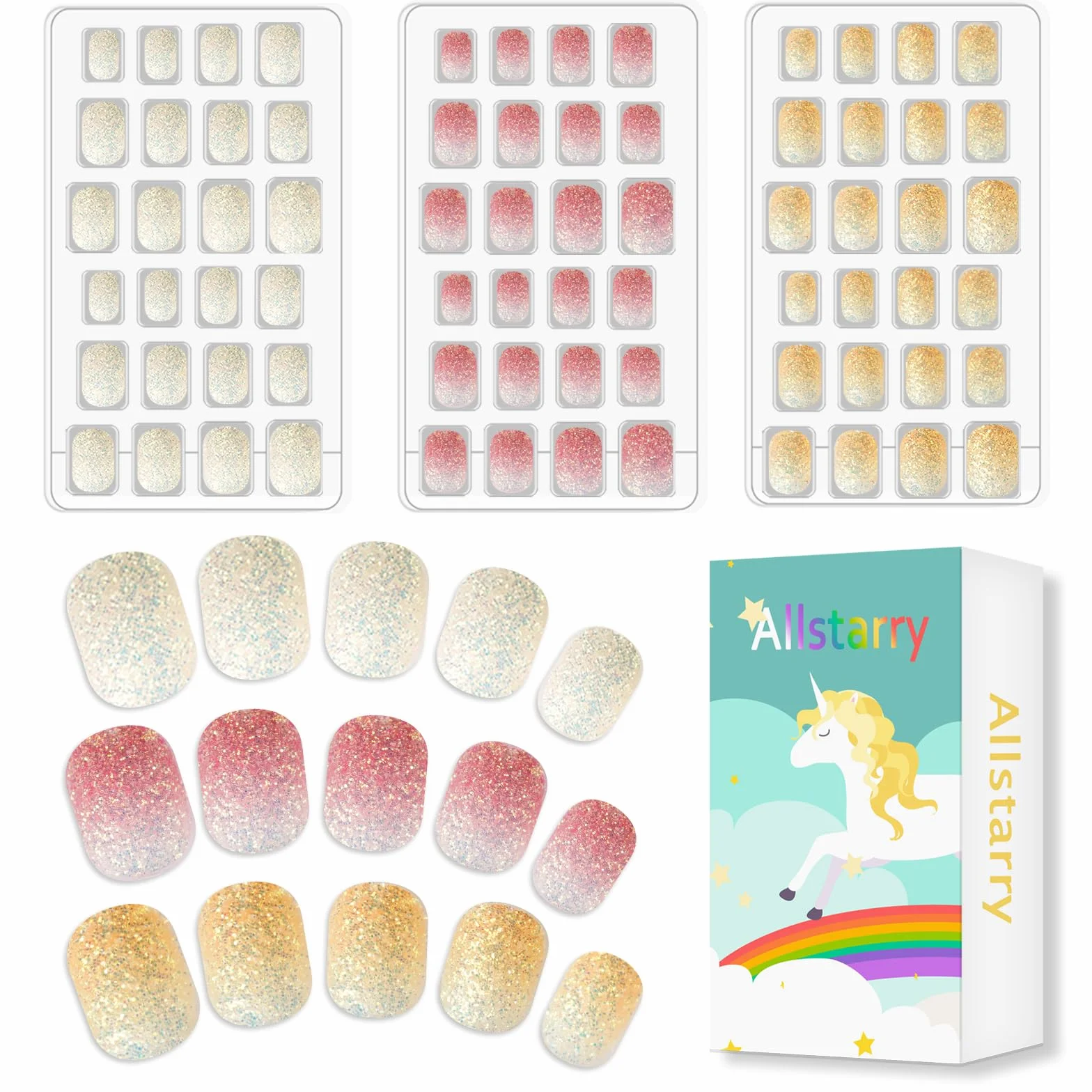 Allstarry 72pcs Press on Nails Glitter Short False Nail Kits for Children Little Girls