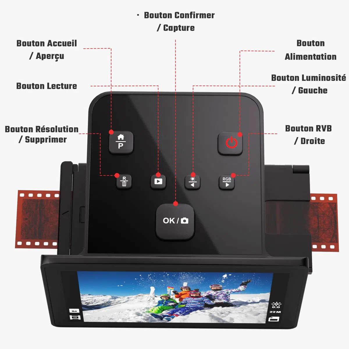 Scanner numérique de Films et de Diapositives avec Grand écran LCD de 5 Pouces, Scanner négatif et Scanner de Diapositives pour numériser, convertit 135, 126 KPK, 110 négatifs et Super 8 Films en 22