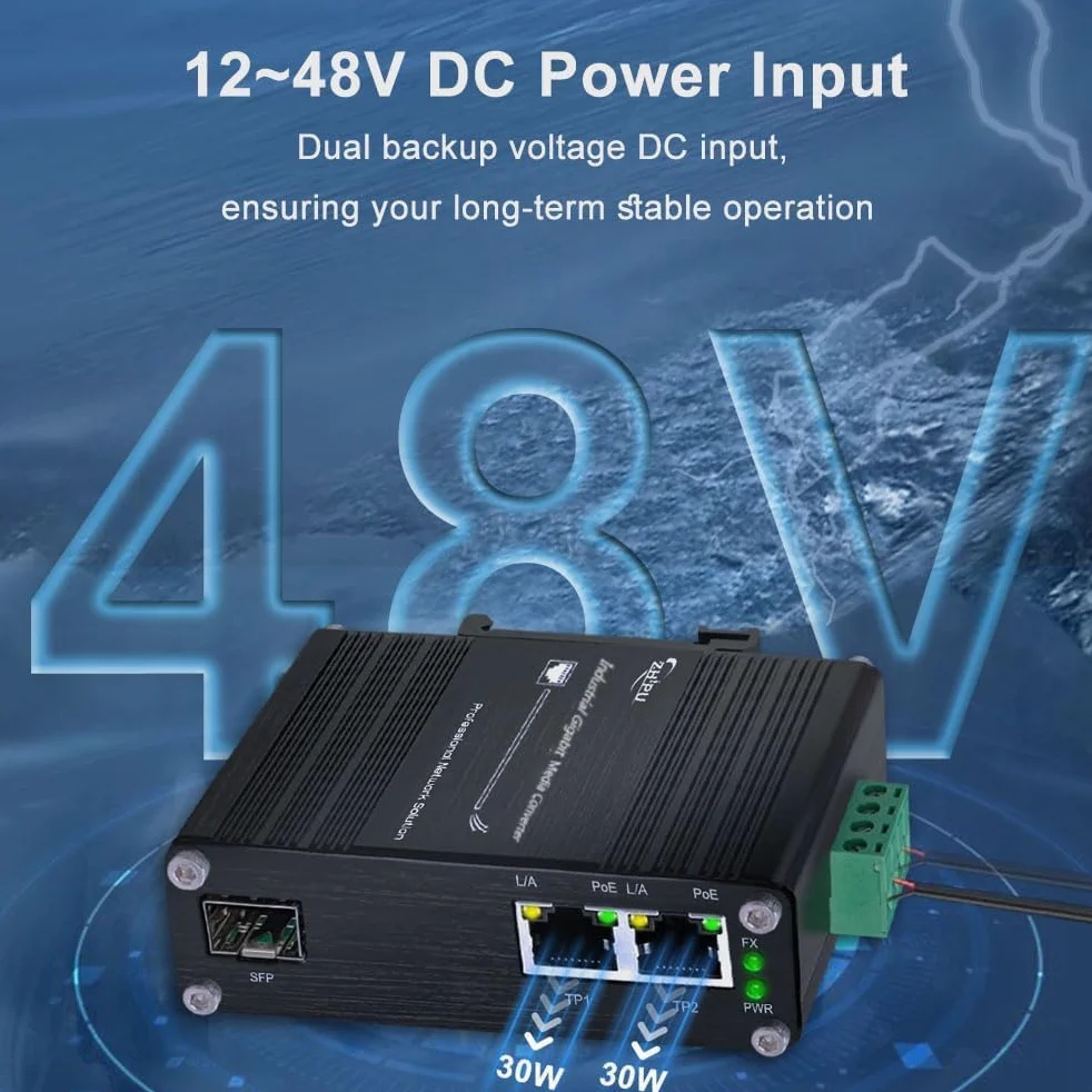 Mini convertisseur de média à fibre Gigabit industriel à 2 ports prenant en charge l'installation sur rail DIN, commutateur à fibre IEEE 802.3af/at 30 W PoE+ avec 2 ports RJ45 et 1 port SFP, entrée