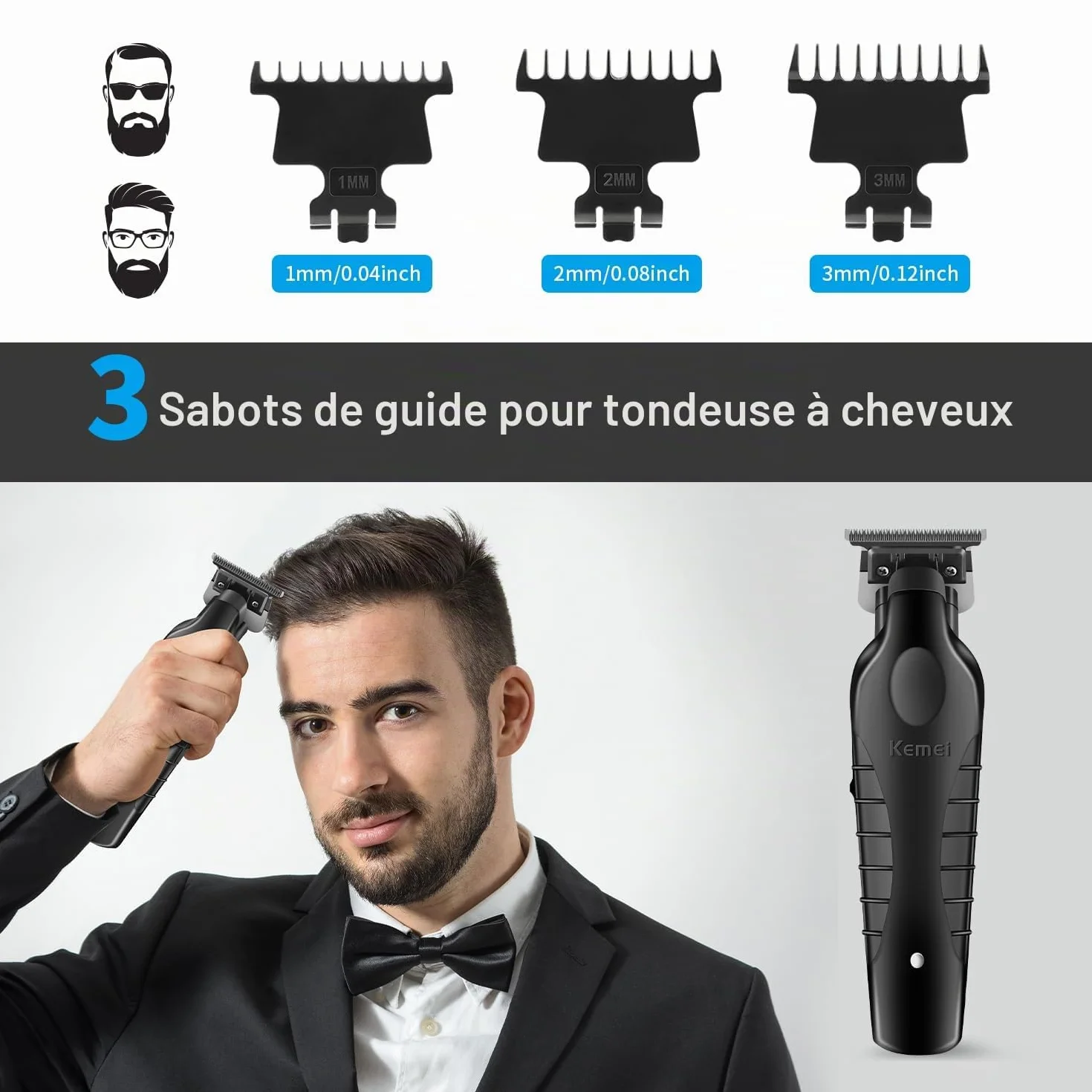 KEMEI 2299 Professionnelle Sans Fil Tondeuse Cheveux Hommes, Tondeuse Barbe Homme électrique, Tondeuse à Lame en T Zéro écartement Pour Homme