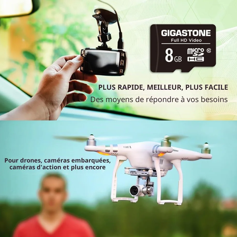 GIGASTONE Carte Mémoire Micro SDHC 8 Go Lot de 2 U1 C10 Haute Vitesse Compatible Android Gopro Samsung
