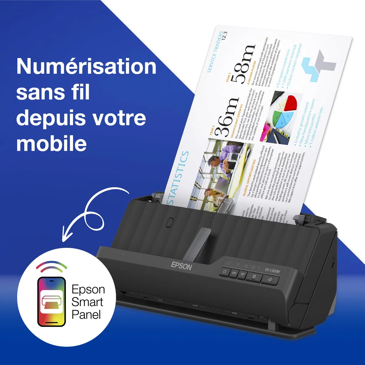 EPSON ES-C320W | Scanner A4 recto-verso compact Wi-Fi - faible consommation, modes demi-tour et chemin droit, compatibilité multi-appareils, numérisation passeports et livrets