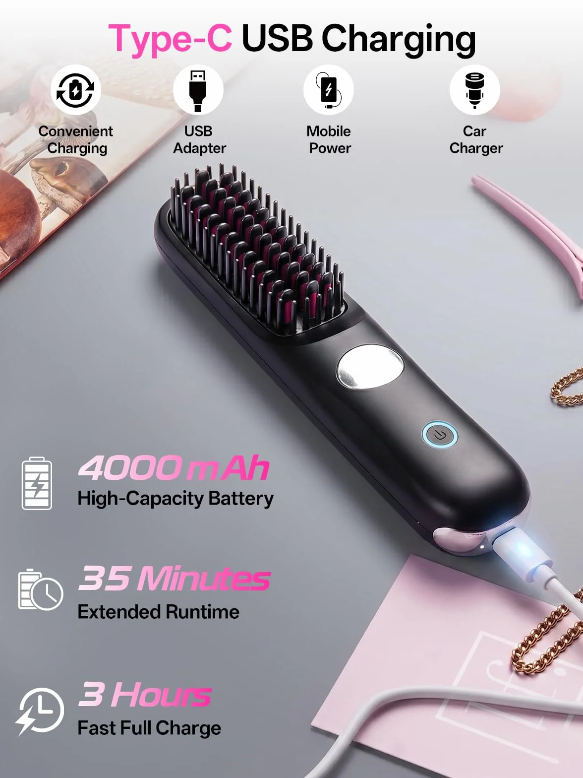 Brosse Lissante Sans Fil LCD 3 Niveaux Température 160-200°C 4000 mAh USB-C Noir