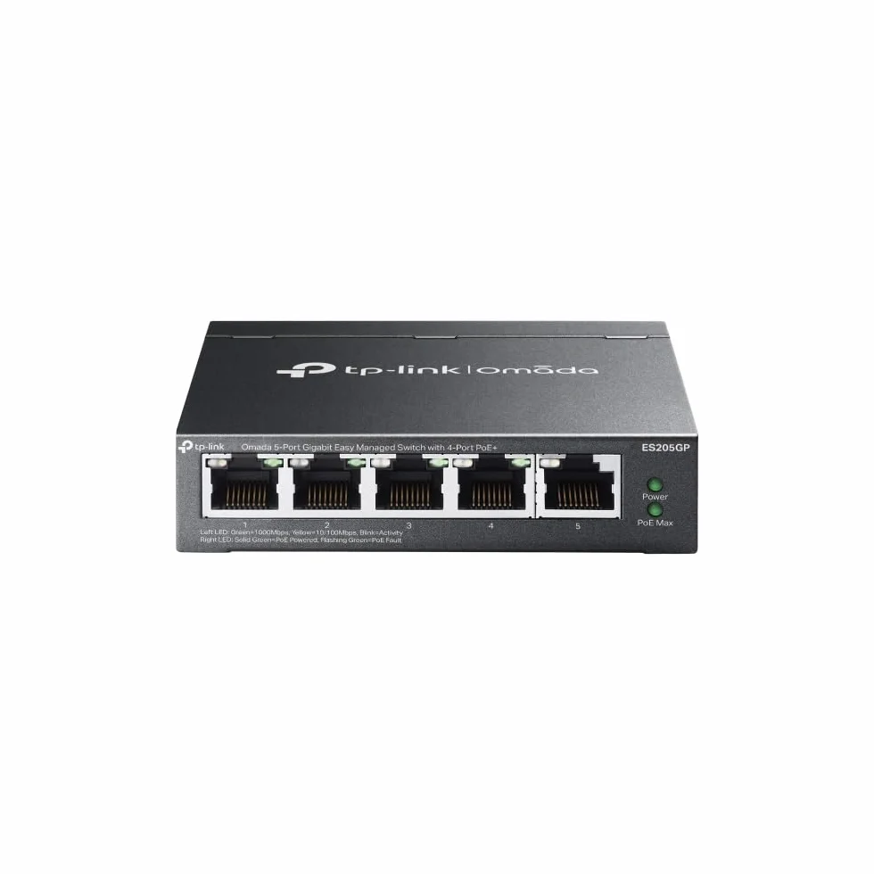 TP-Link Omada Switch PoE 5 Ports Gigabit Manageable, 4 Ports PoE+, 65W, Switch RJ45 Boitier métal, Silencieux, Gestion centralisée du Cloud, idéal PME, ES205GP
