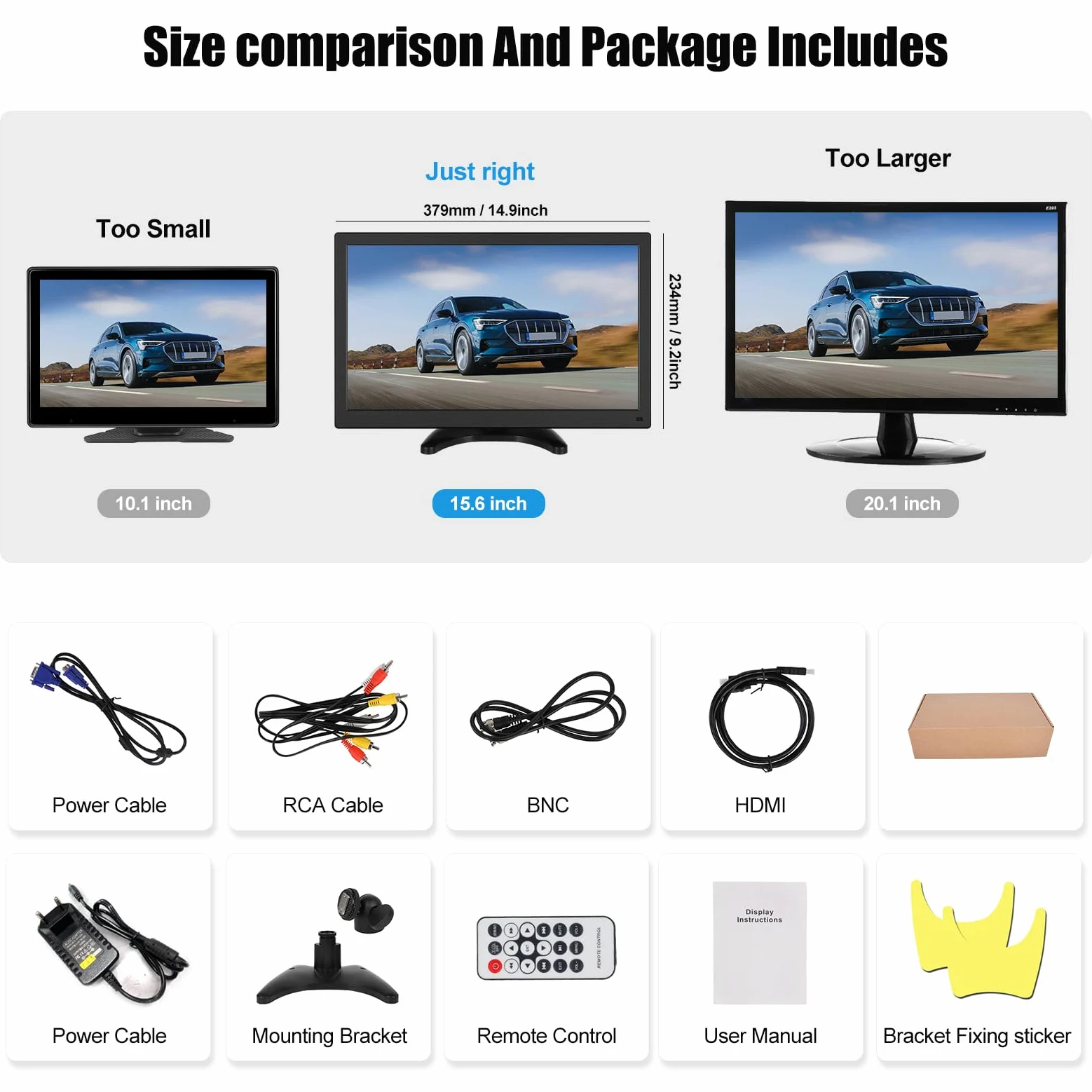 CAMECHO 15,6 Pouces Portable Monitor FHD 1080P Intégré Haut-Parleur avec HDMI VGA RAC BNC Mini Moniteur pour Jeux/PC/TV/DVD/caméra de Voiture/caméra de Surveillance