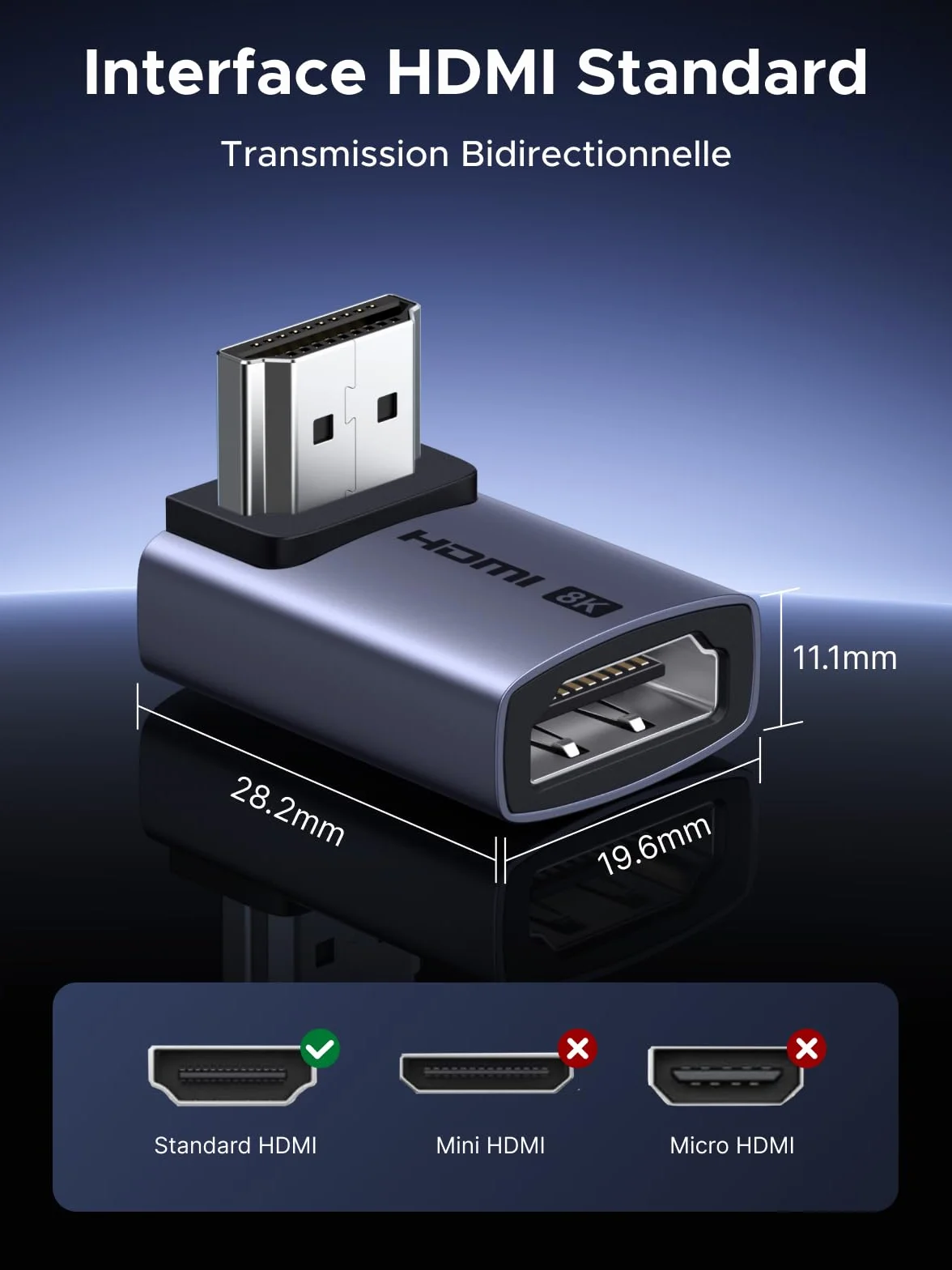 UGREEN Adaptateur HDMI 2.1 8K Coudé 90° 270° Lot de 2 48Gbps eARC HDR Aluminium