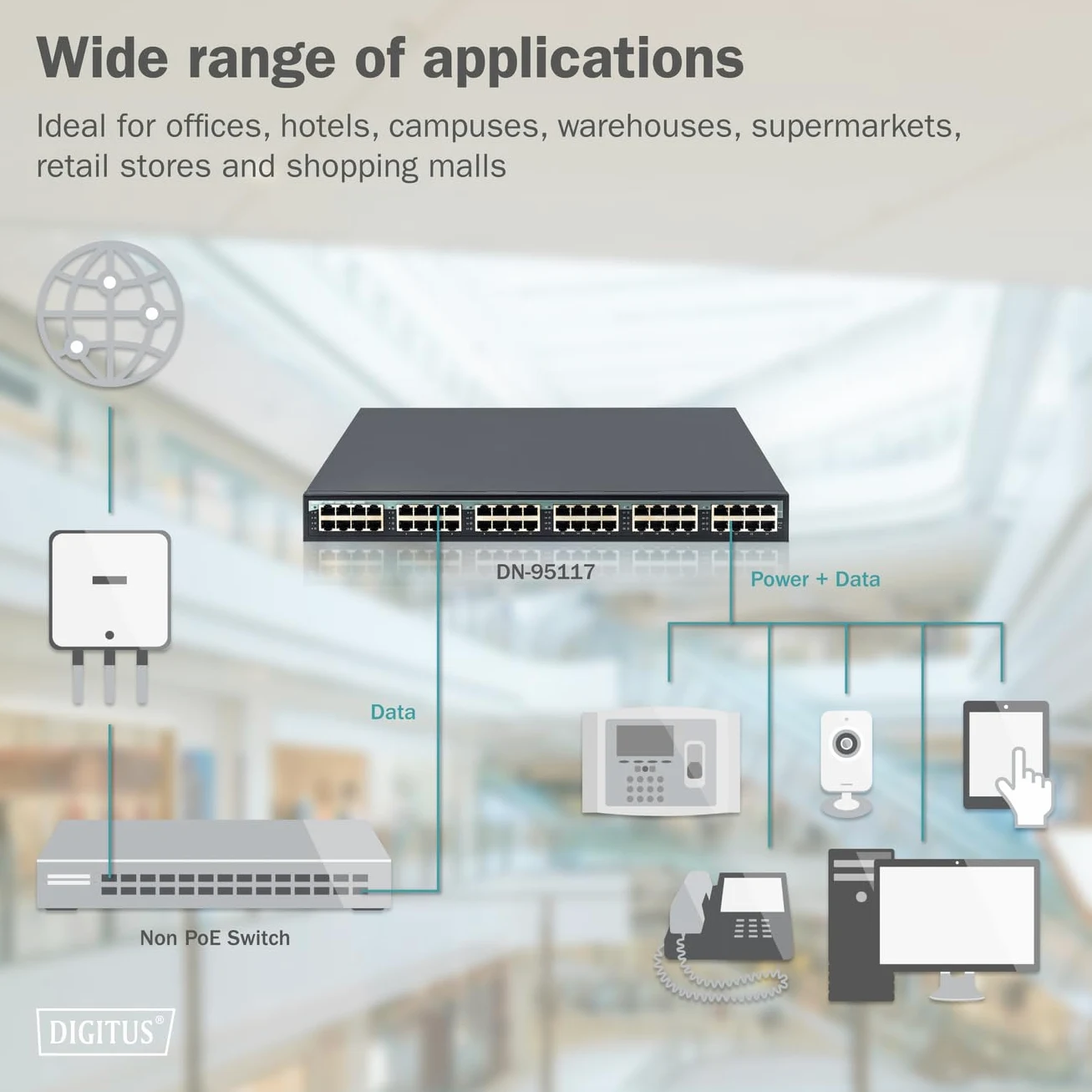 DIGITUS PoE+ Injecteur - 24 ports - IEEE802.3at - 10 Gbit/s - rack 19 pouces - 370 Watt total - jusqu'à 30 Watt/port