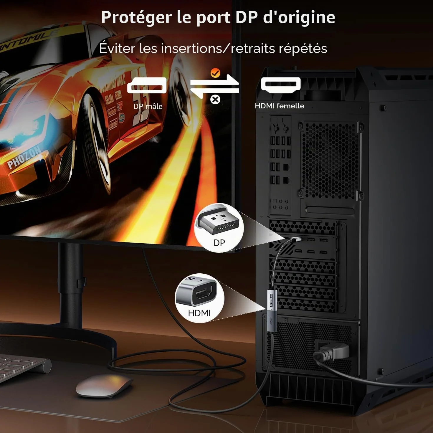 BENFEI Adaptateur DisplayPort 1.4 vers HDMI 2.1 8K@60Hz 4K@240Hz Aluminium