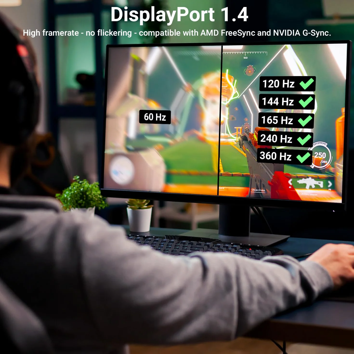 deleyCON 1,5m Câble DisplayPort 1.4 (8K@60Hz 4K@165Hz) UHD HDR pour Moniteur PC