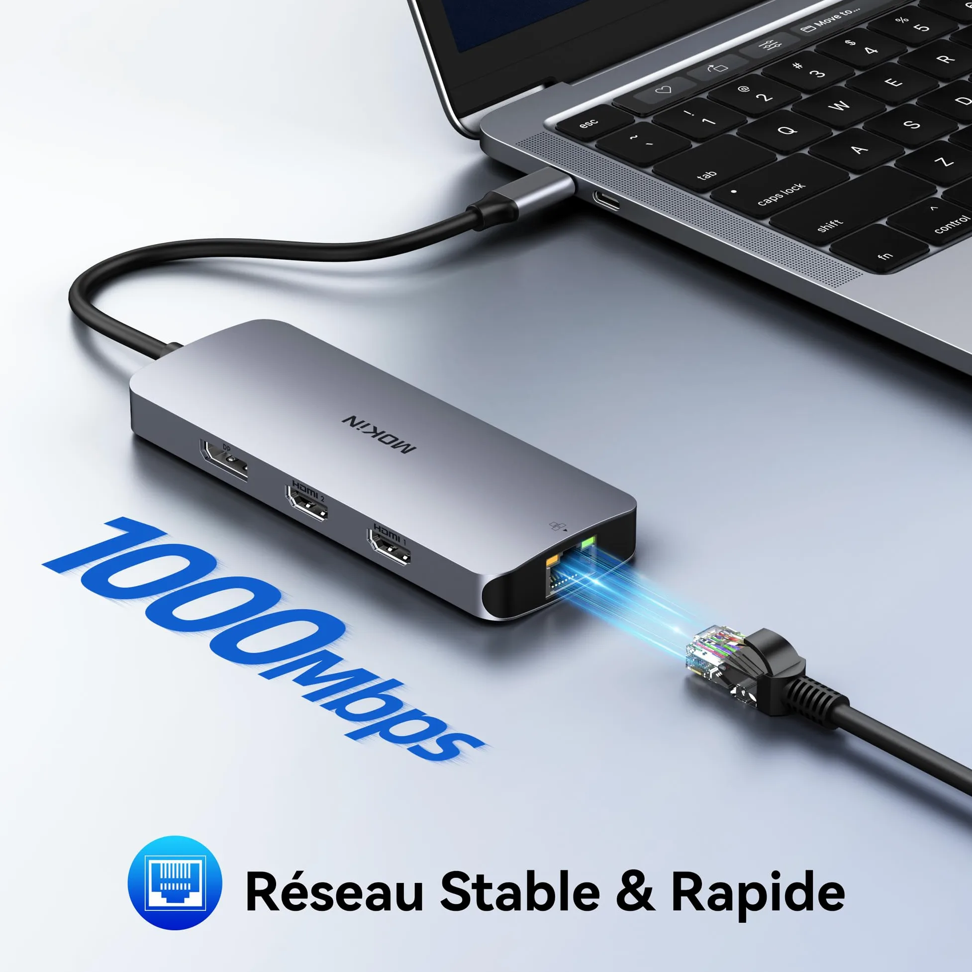 Station d'accueil USB C Dual HDMI, MOKiN 8 en 1 Docking Station pour 3 Moniteurs 4K, Dock USB C avec 2 HDMI et 1 DisplayPort, 1 Gbps Ethernet, Chargement 100W PD, 3 USB 3.0 Ports pour Dell, HP, Lenovo