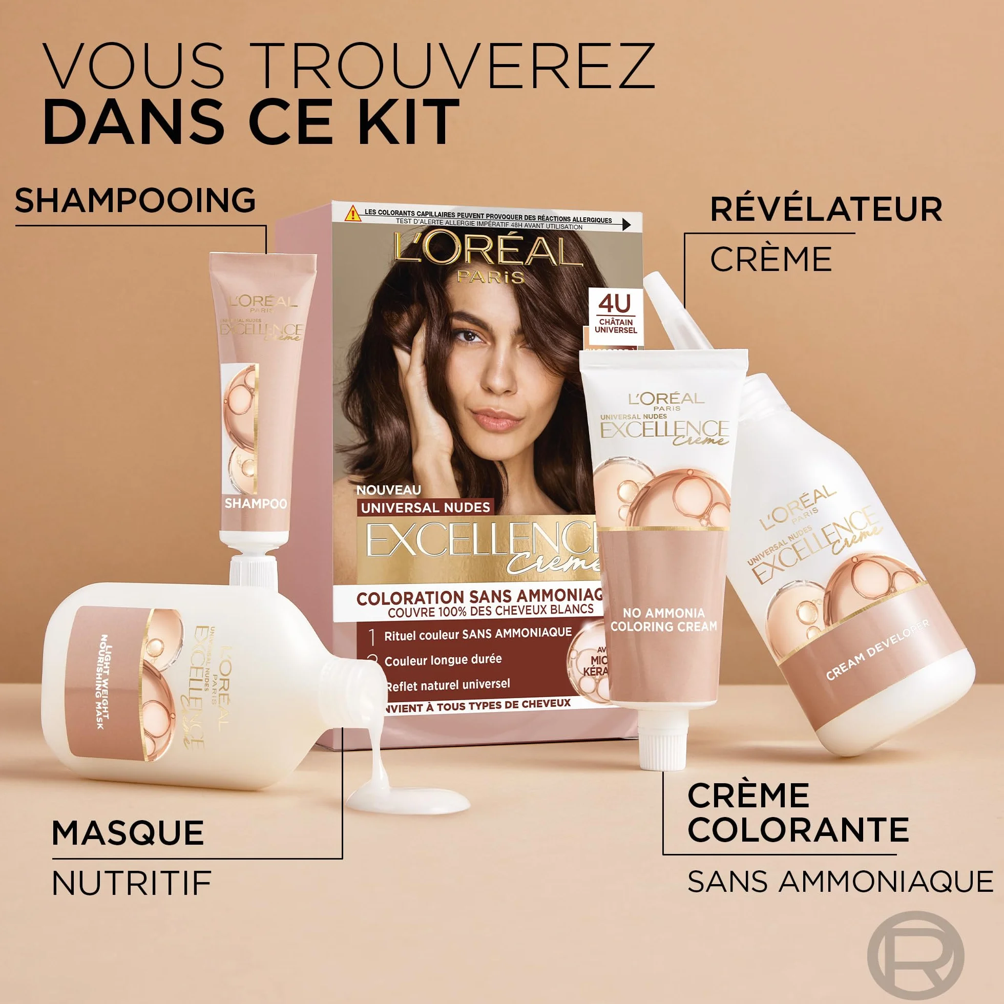 L’ORÉAL PARIS Excellence Crème Universal Nudes Coloration Cheveux Permanente Blond Très Clair Universel (9U) 100% Cheveux Blancs