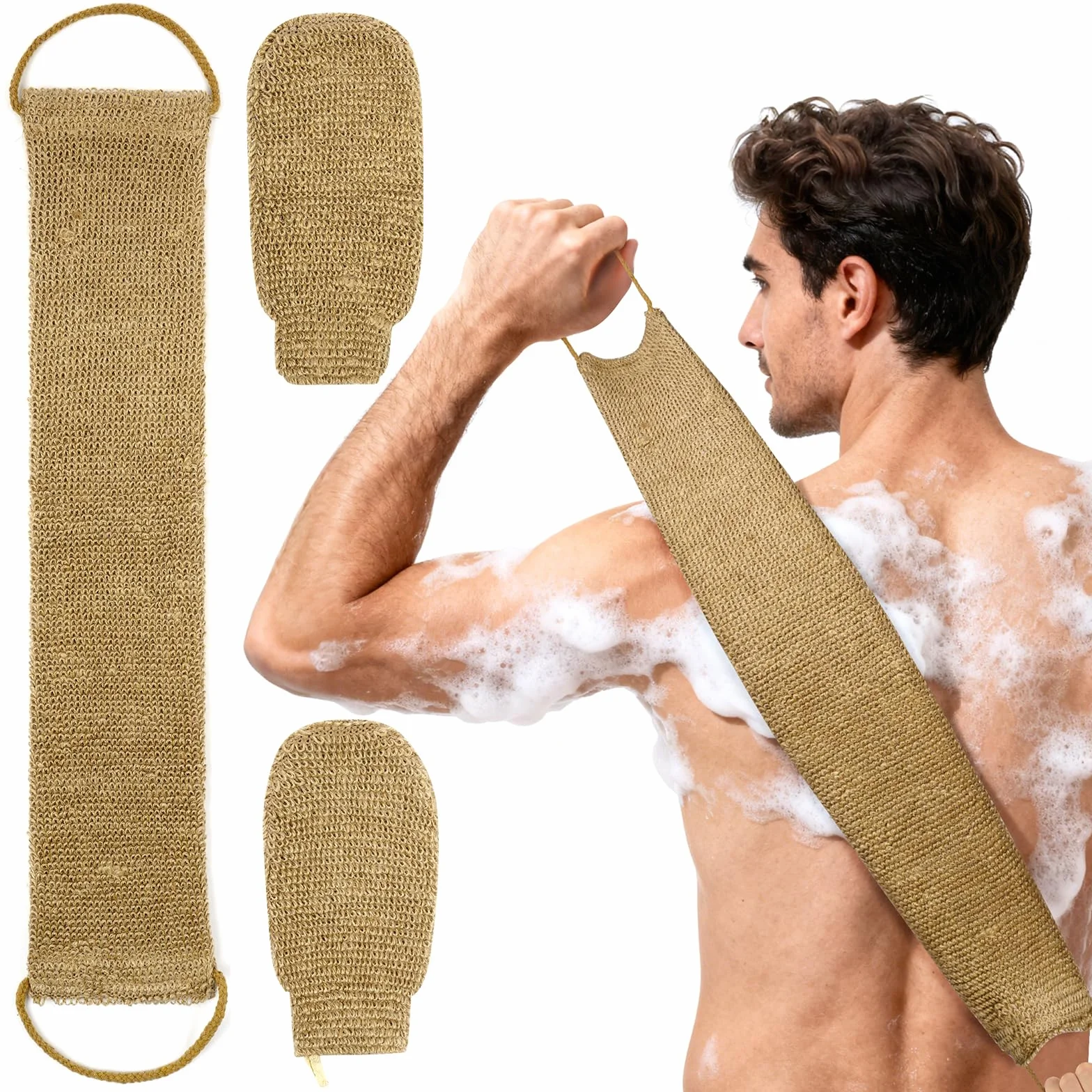 Ensemble de Gommage Dorsal en Jute avec Gants Exfoliants, Serviette Extra Longue et Sangle Naturelle