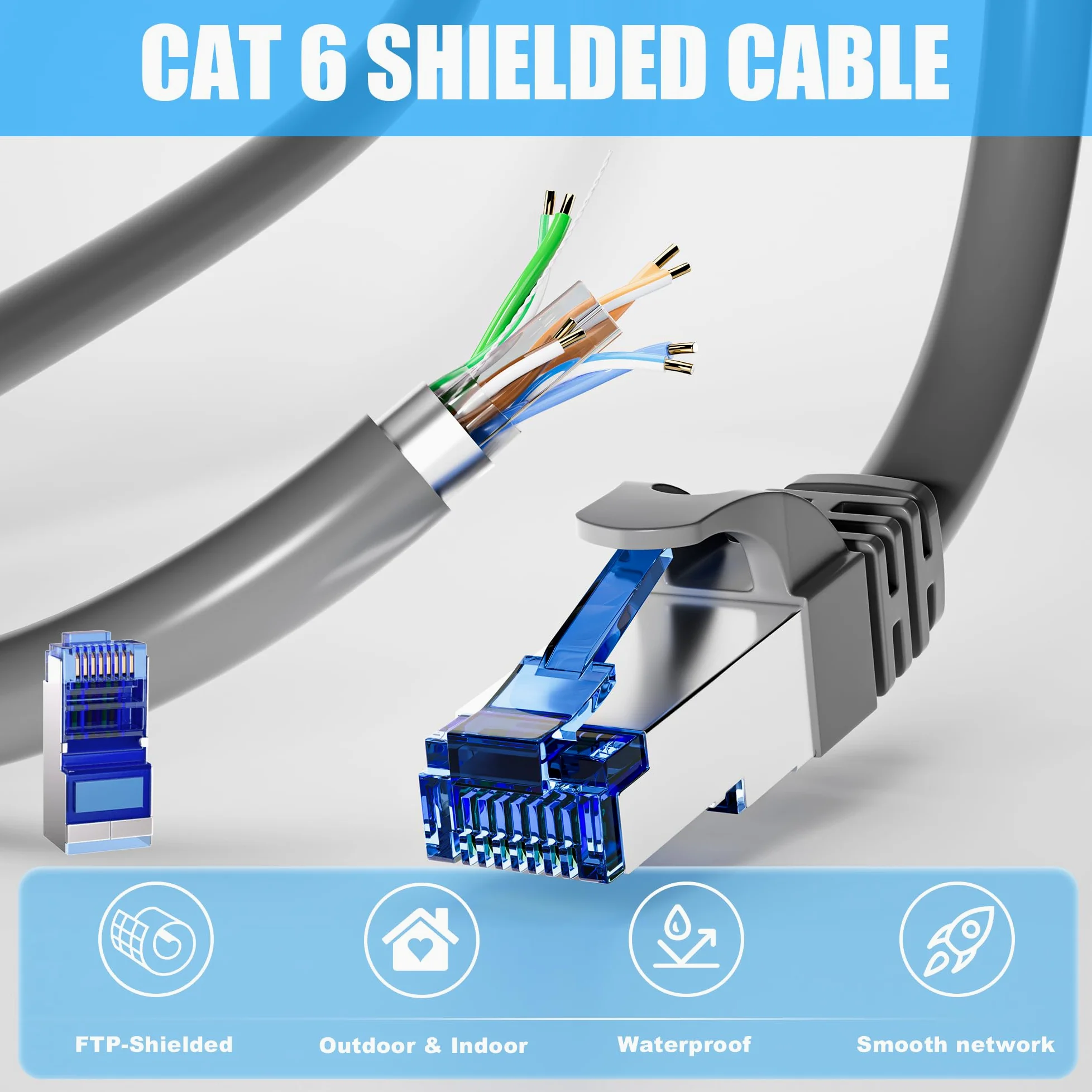 Câble Ethernet Cat 6 d'extérieur de 100 m (20 RJ45), câble Ethernet blindé 23 AWG Cat 6 en vrac, FTP, étanche, enfouissement direct, dans la terre, résistant aux UV, réseau, LAN, Internet, câbles Cat6
