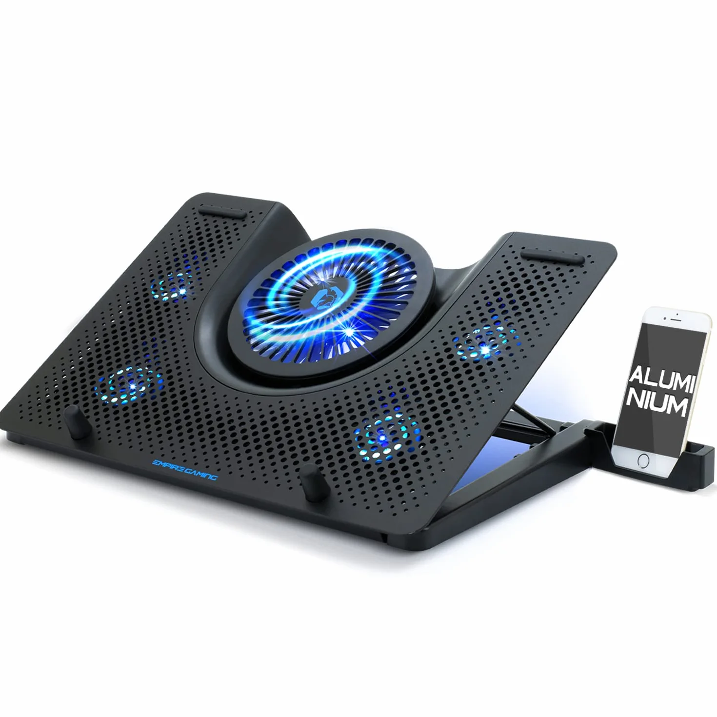 EMPIRE GAMING Turboost Aluminium Refroidisseur PC Ordinateur Portable Gamer 5 Ventilateurs Support 12-17 Pouces Rétroéclairage LED Bleu